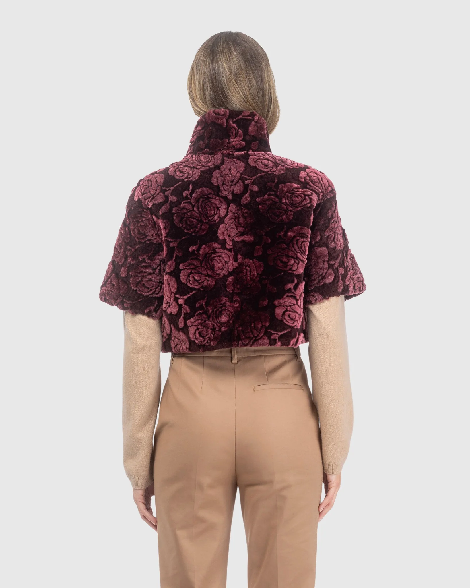 Select Shearling Lamb Rose Printed Bolero With Cropped Sleeves - Image 5