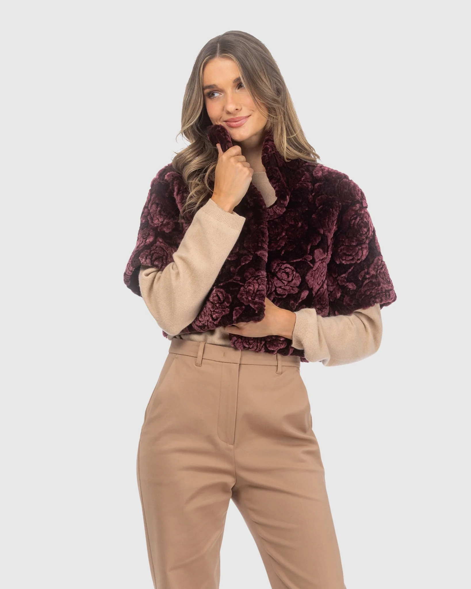 Select Shearling Lamb Rose Printed Bolero With Cropped Sleeves - Image 6