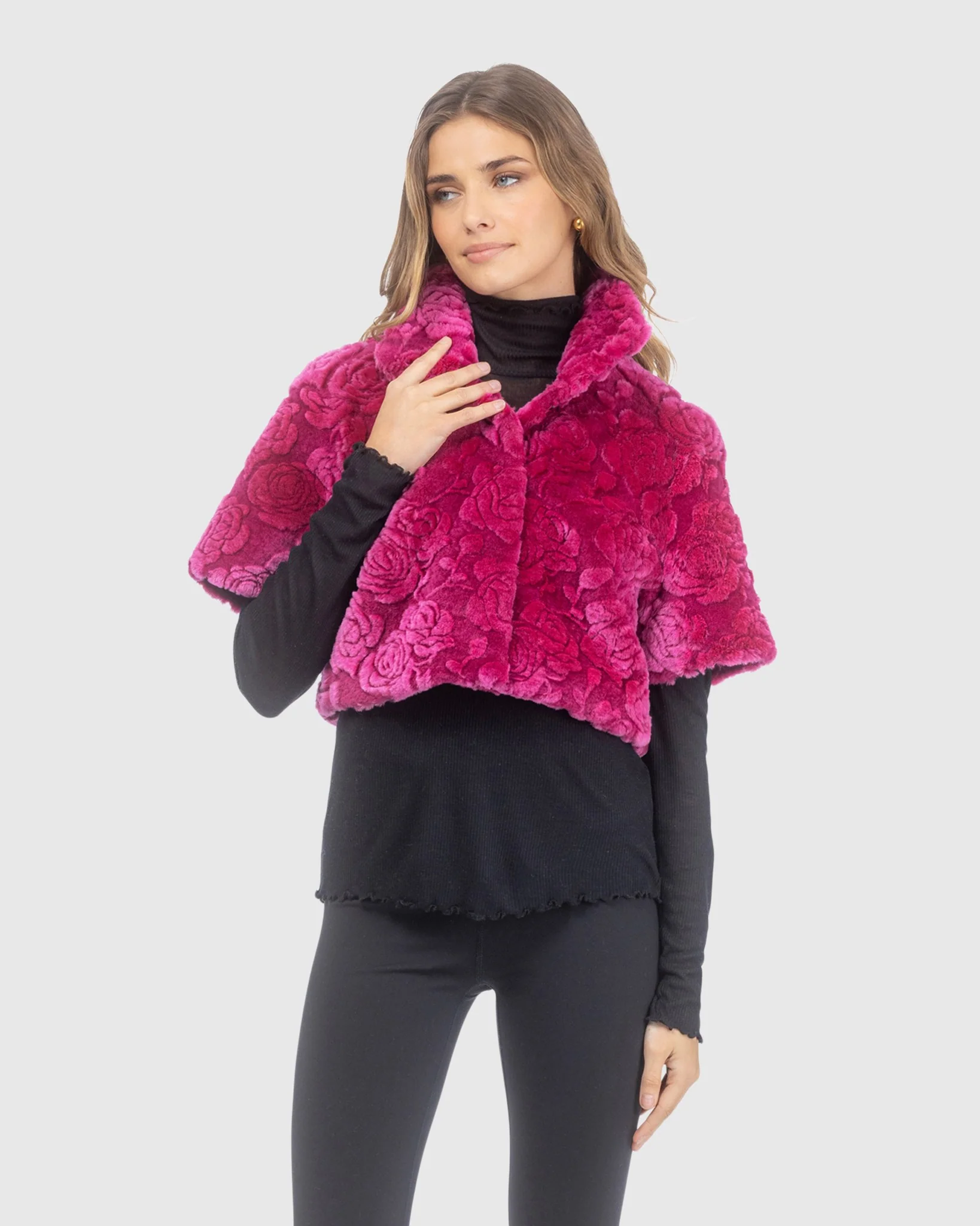 Select Shearling Lamb Rose Printed Bolero With Cropped Sleeves - Image 8
