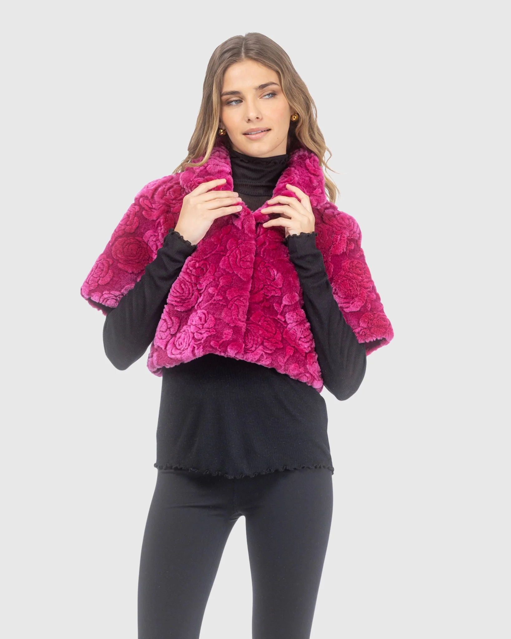 Select Shearling Lamb Rose Printed Bolero With Cropped Sleeves - Image 9
