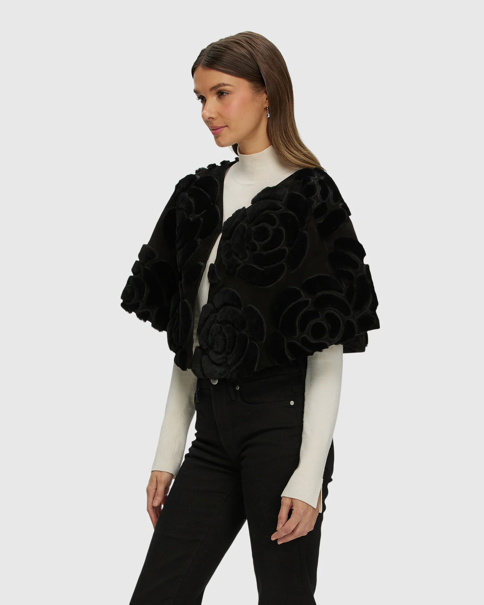 Select Shearling Lamb And Suede Floral Embroidered Stole Reversible To Loro Piana Cashmere And Wool - Image 12