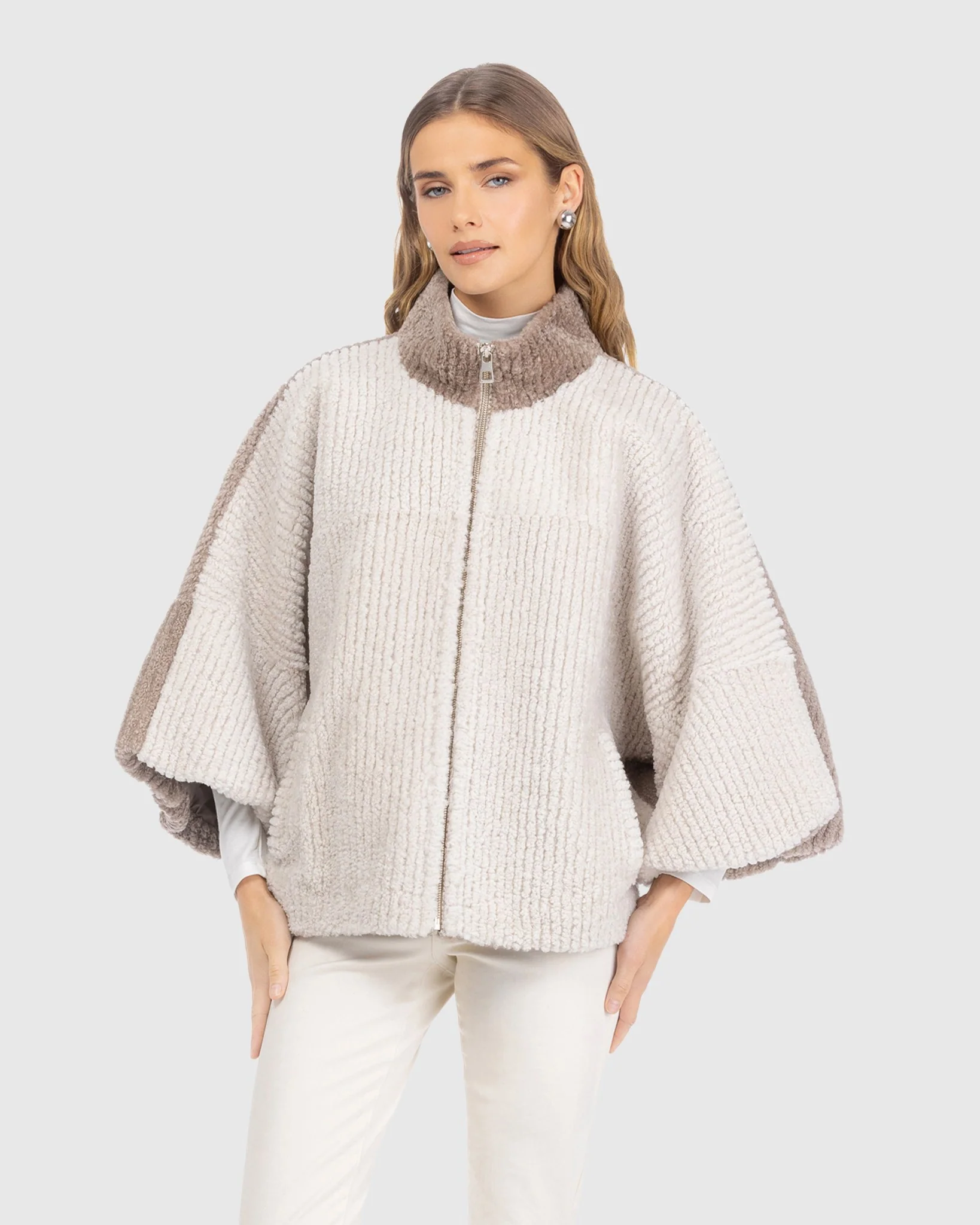 Select Shearling Lamb Zip Jacket With Cropped Sleeves
