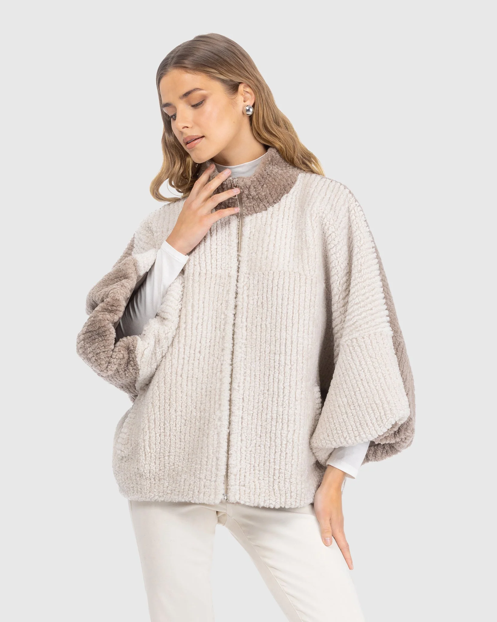 Select Shearling Lamb Zip Jacket With Cropped Sleeves - Image 2