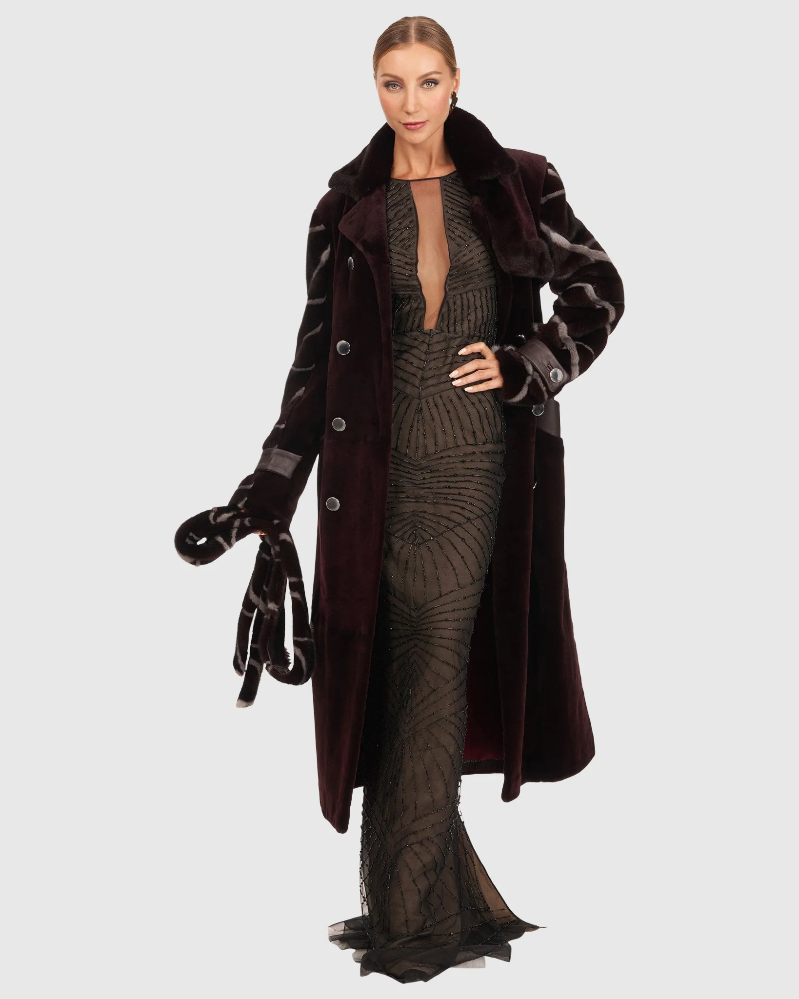 Sheared Mink Coat With Intarsia Sleeves And Belt - Image 2