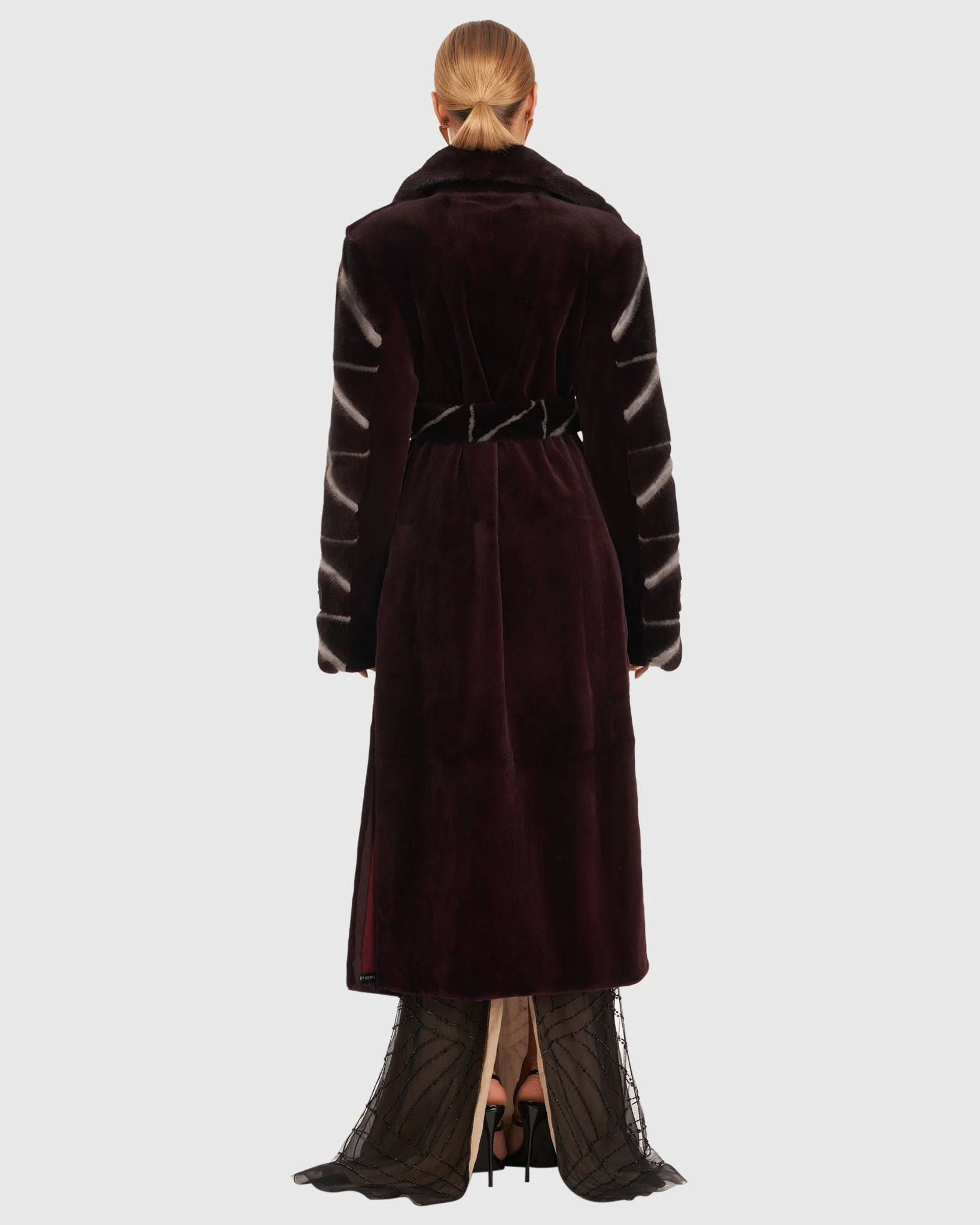 Sheared Mink Coat With Intarsia Sleeves And Belt - Image 3