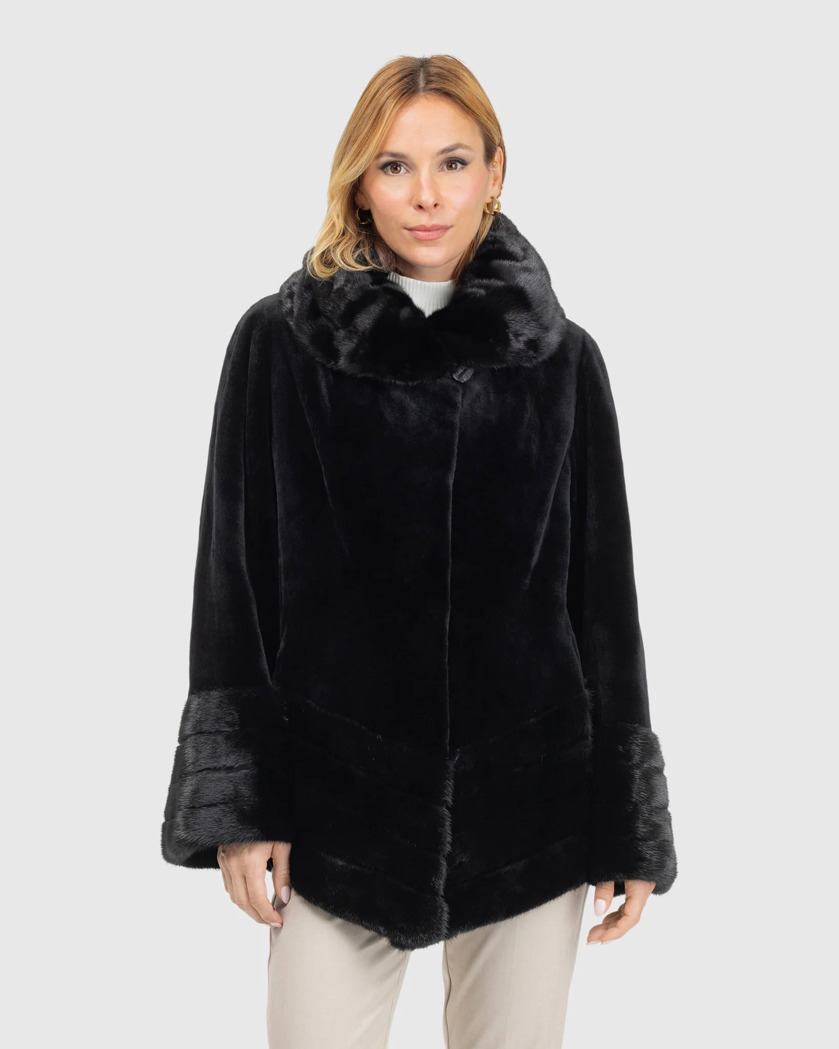 Sheared Mink Jacket, Reversible To Taffeta, Long Hair Mink Collar, Cuffs and Bottom