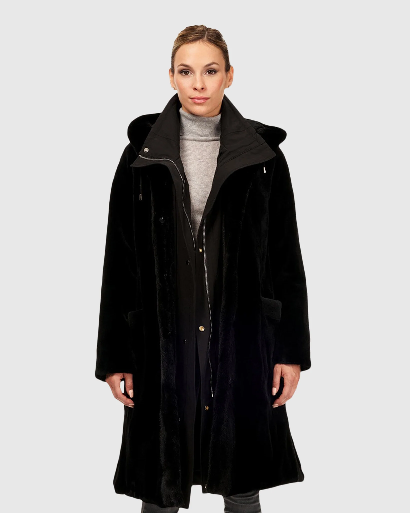 SHEARED MINK STROLLER, DETACHABLE PARKA, SHORT NAP MINK DOUBLE FUR HOOD