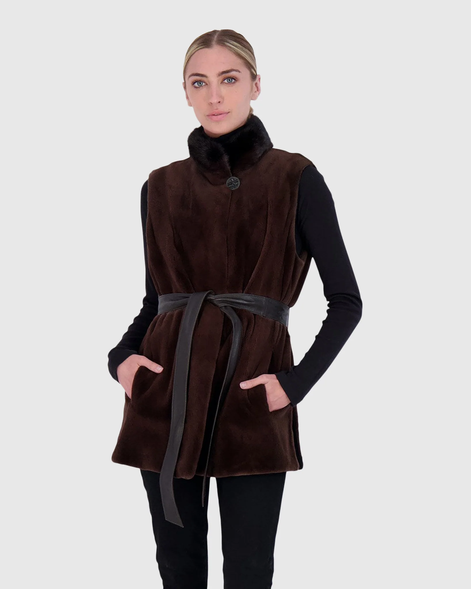 SHEARED MINK VEST WITH SHORT NAP MINK COLLAR, REVERSIBLE TO TAFFETA, LEATHER BELT - Image 2