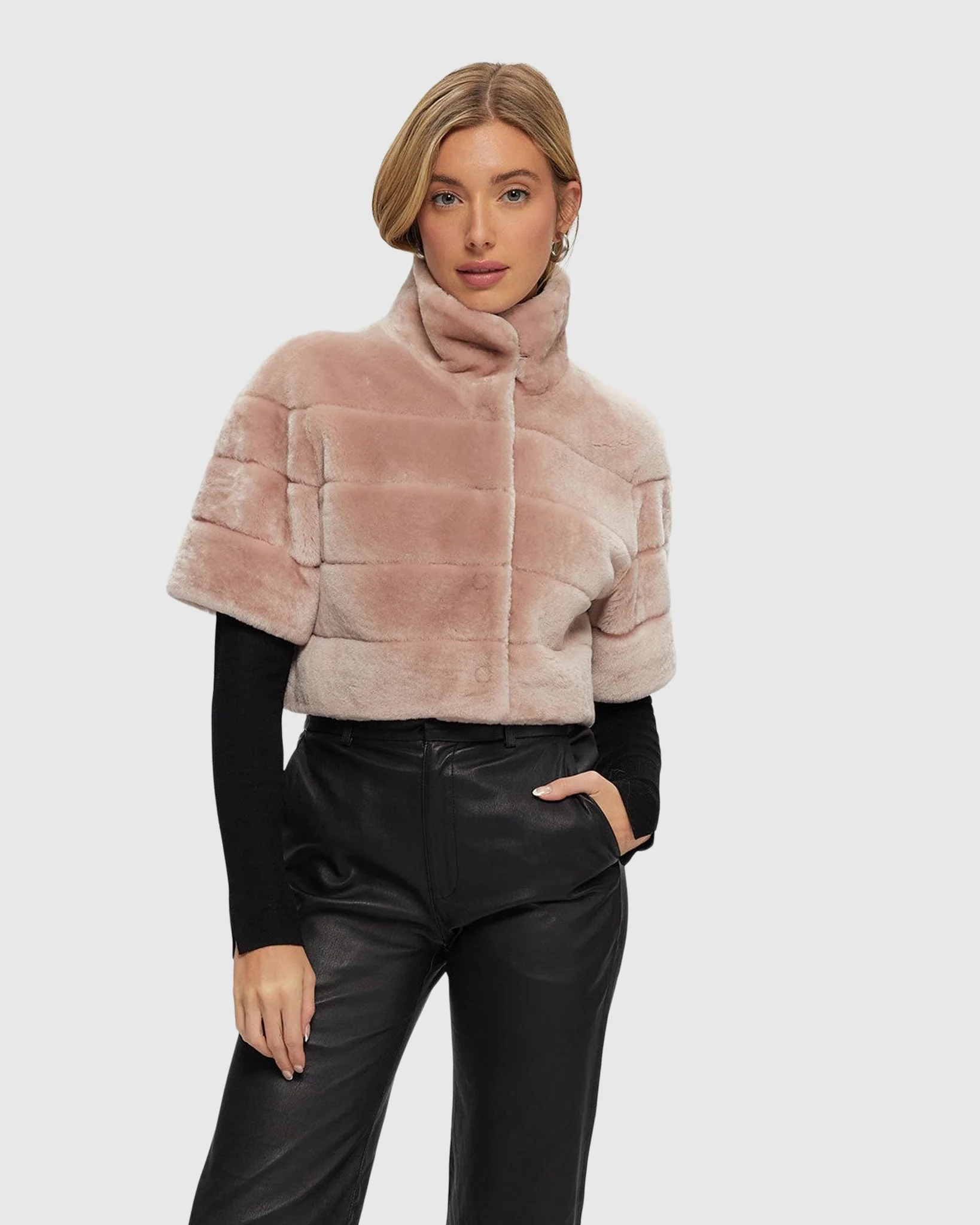 SHEARLING LAMB BOLERO WITH CROPPED SLEEVES