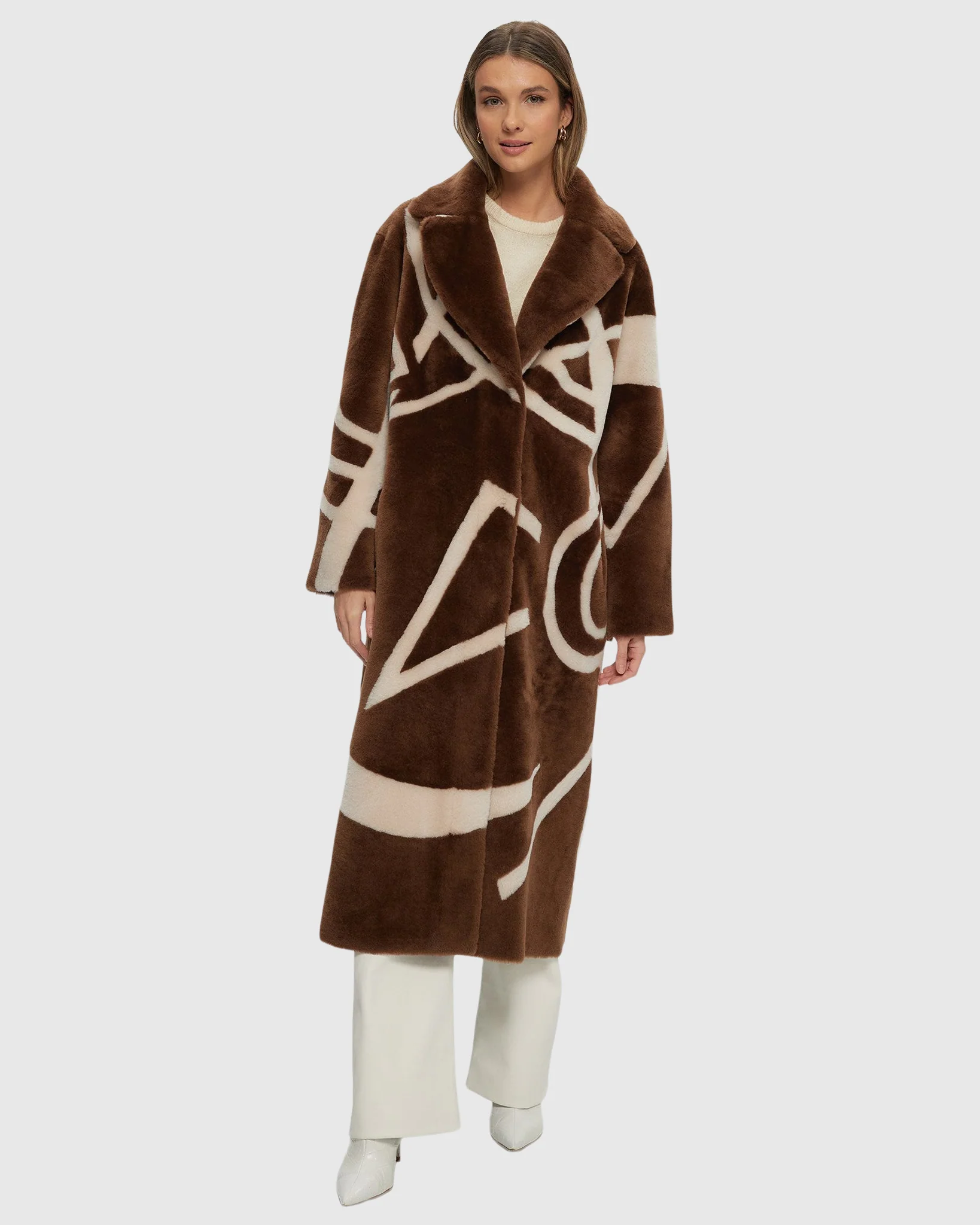 SHEARLING LAMB COAT WITH INTARSIA