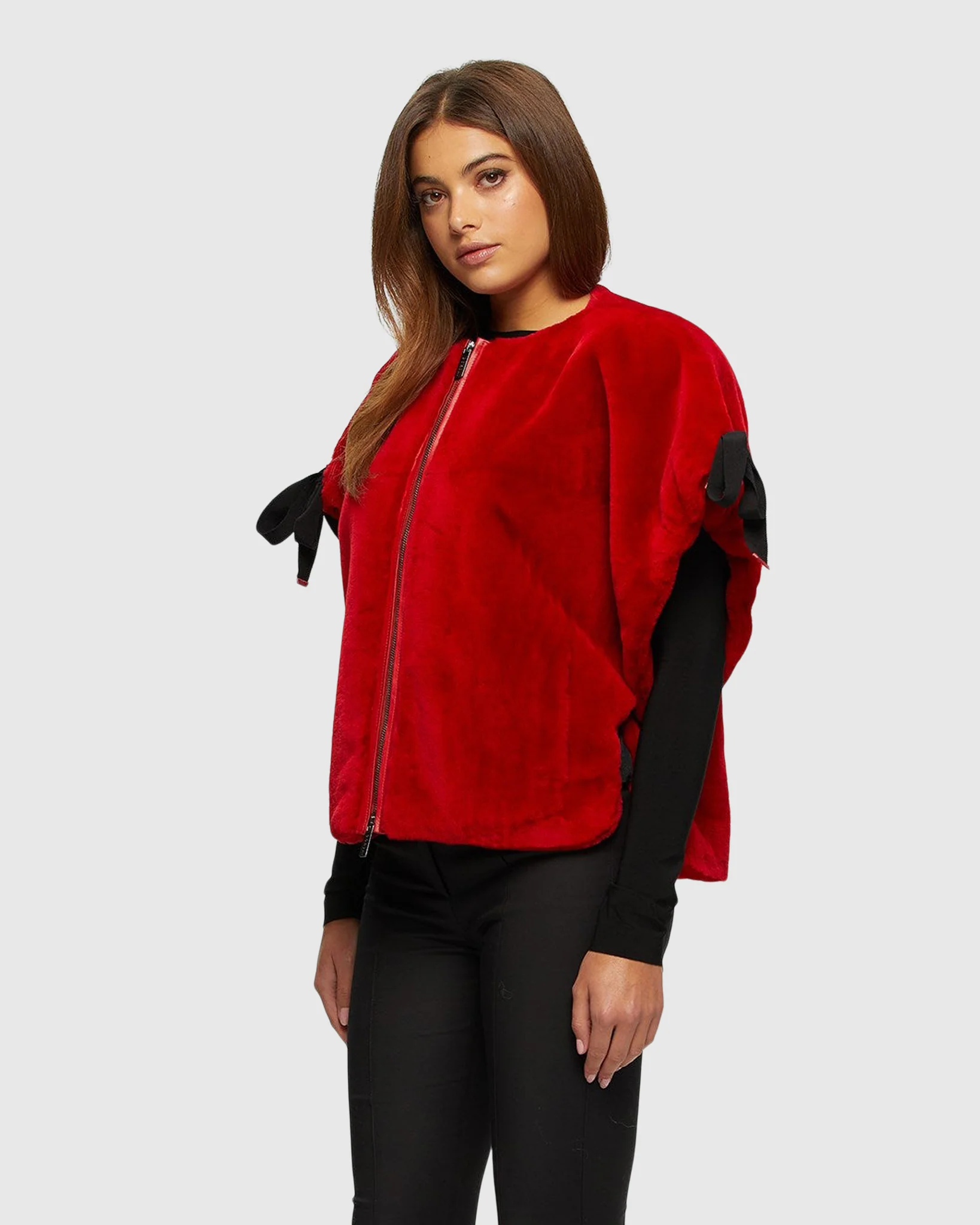SHEARLING LAMB COLLARLESS SHORT SLEEVE JACKET - Image 2