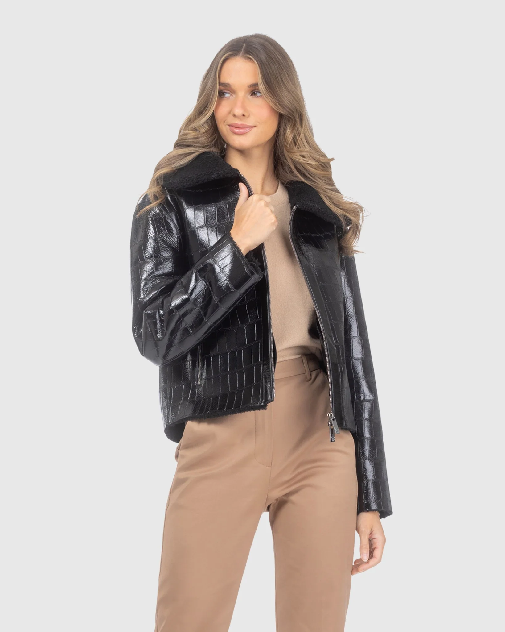 Shearling Lamb Croco Embossed Zip Jacket - Image 2