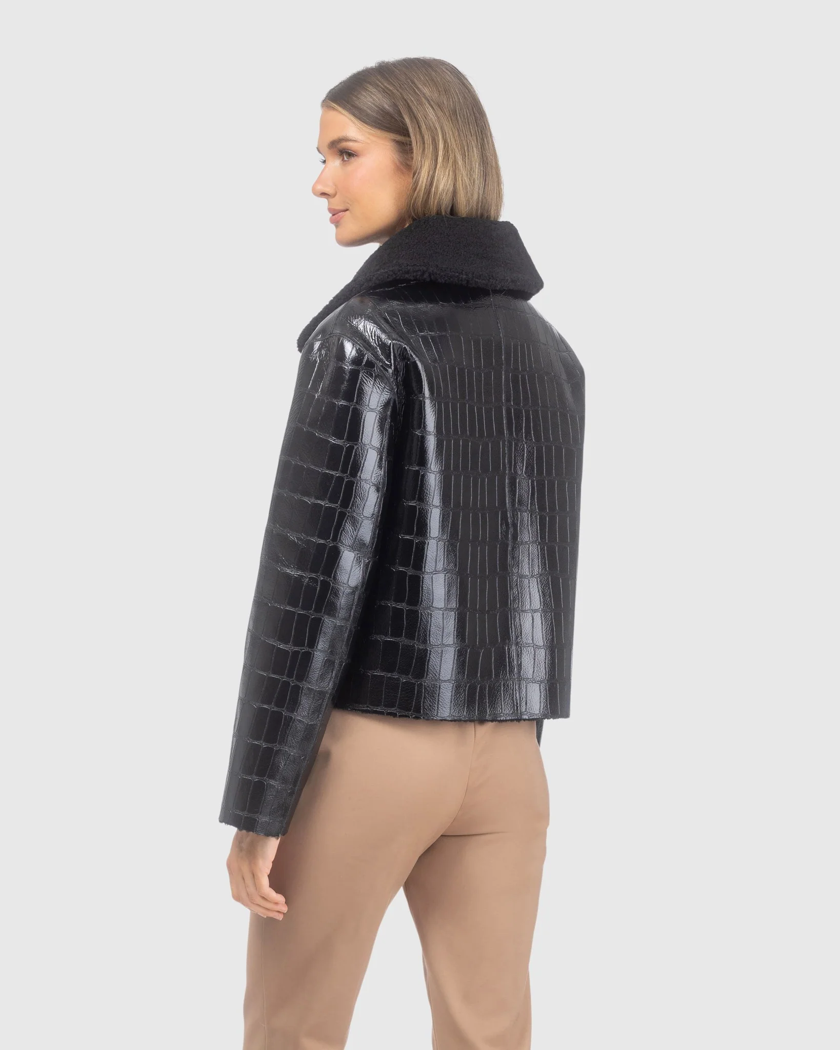 Shearling Lamb Croco Embossed Zip Jacket - Image 4