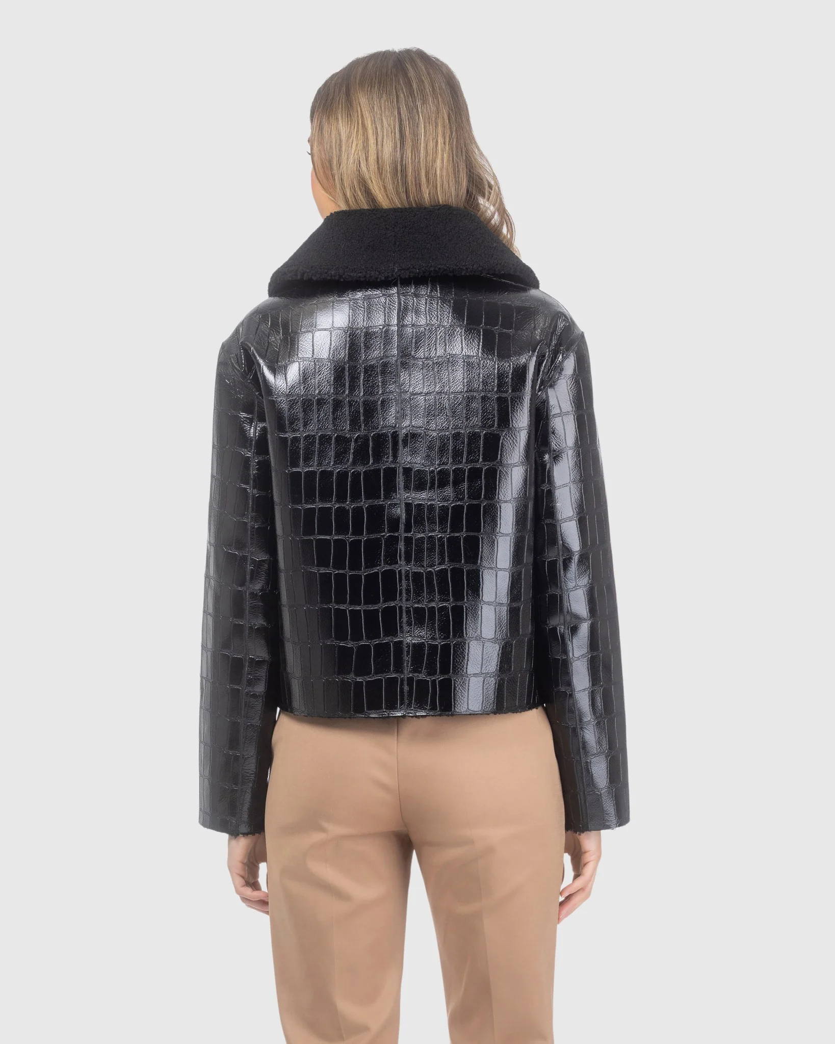 Shearling Lamb Croco Embossed Zip Jacket - Image 5