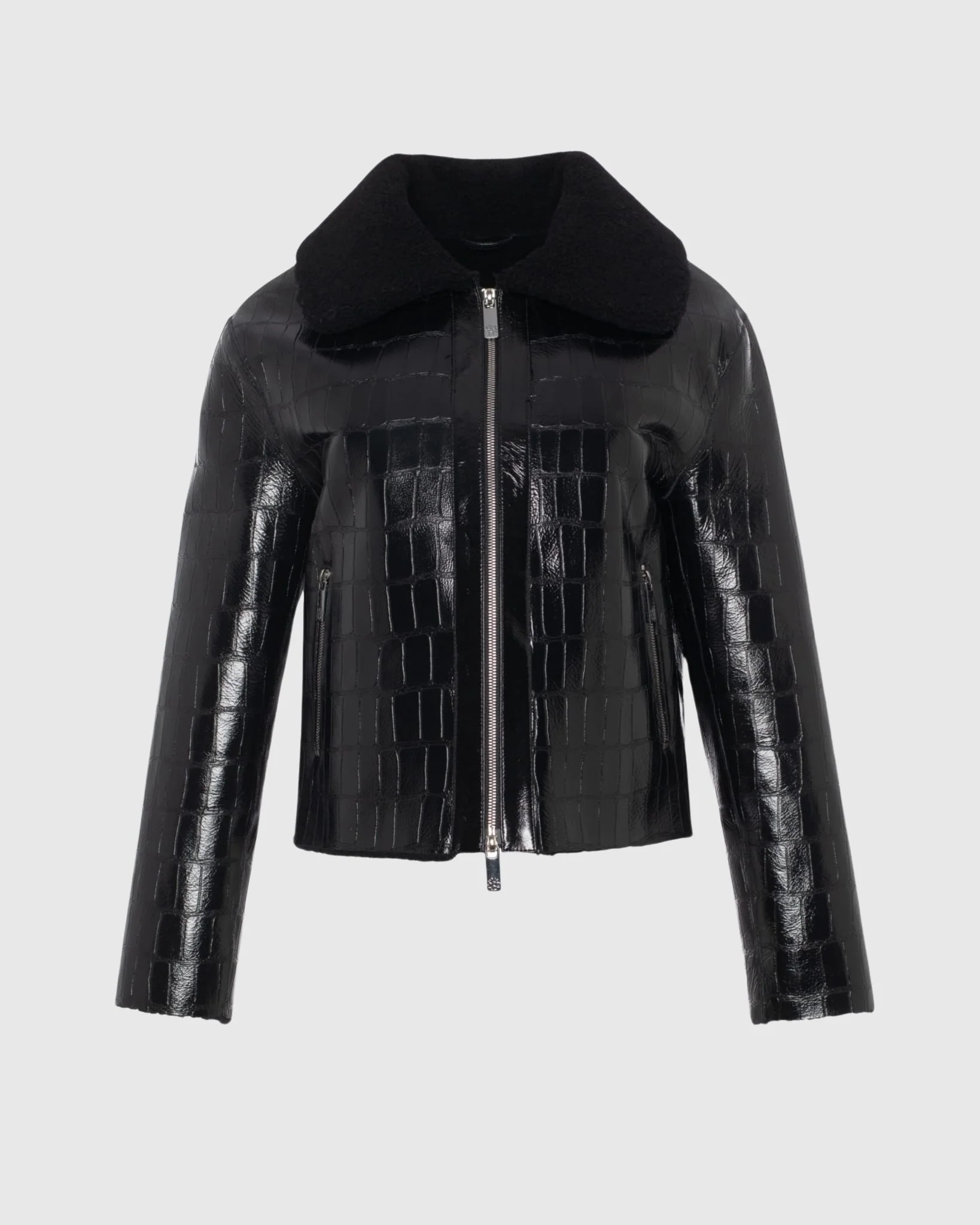 Shearling Lamb Croco Embossed Zip Jacket - Image 7