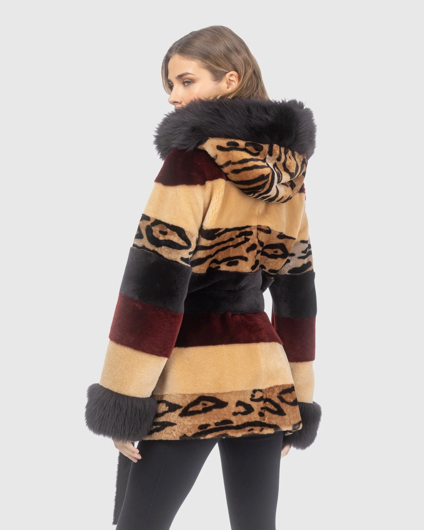 Shearling Lamb Jacket With Merinillo Shearling Lamb Hood Trim & Cuffs, Belt - Image 3