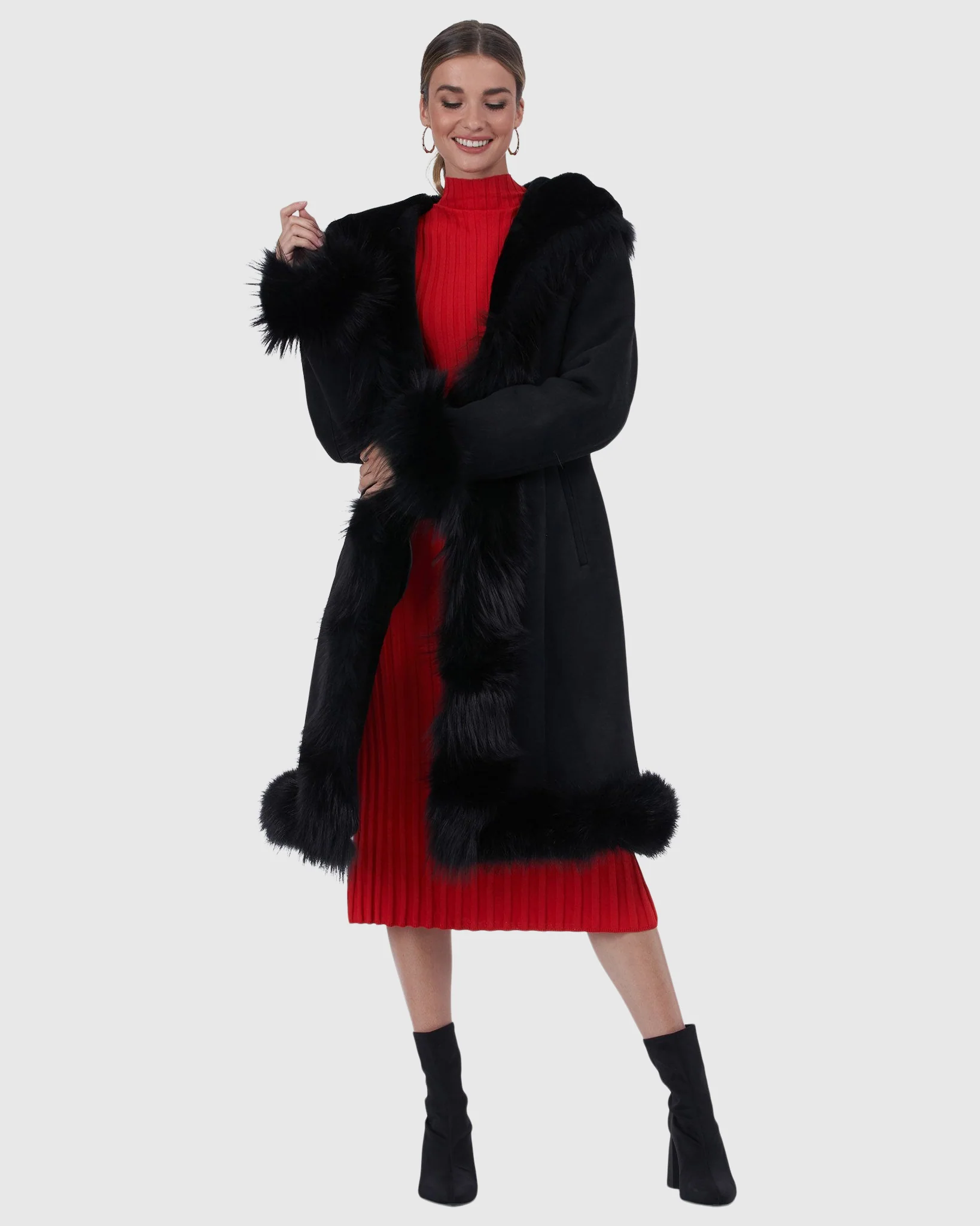 SHEARLING LAMB SHORT COAT WITH FOX TUXEDO COLLAR, HOOD TRIM, CUFFS & BOTTOM - Image 3