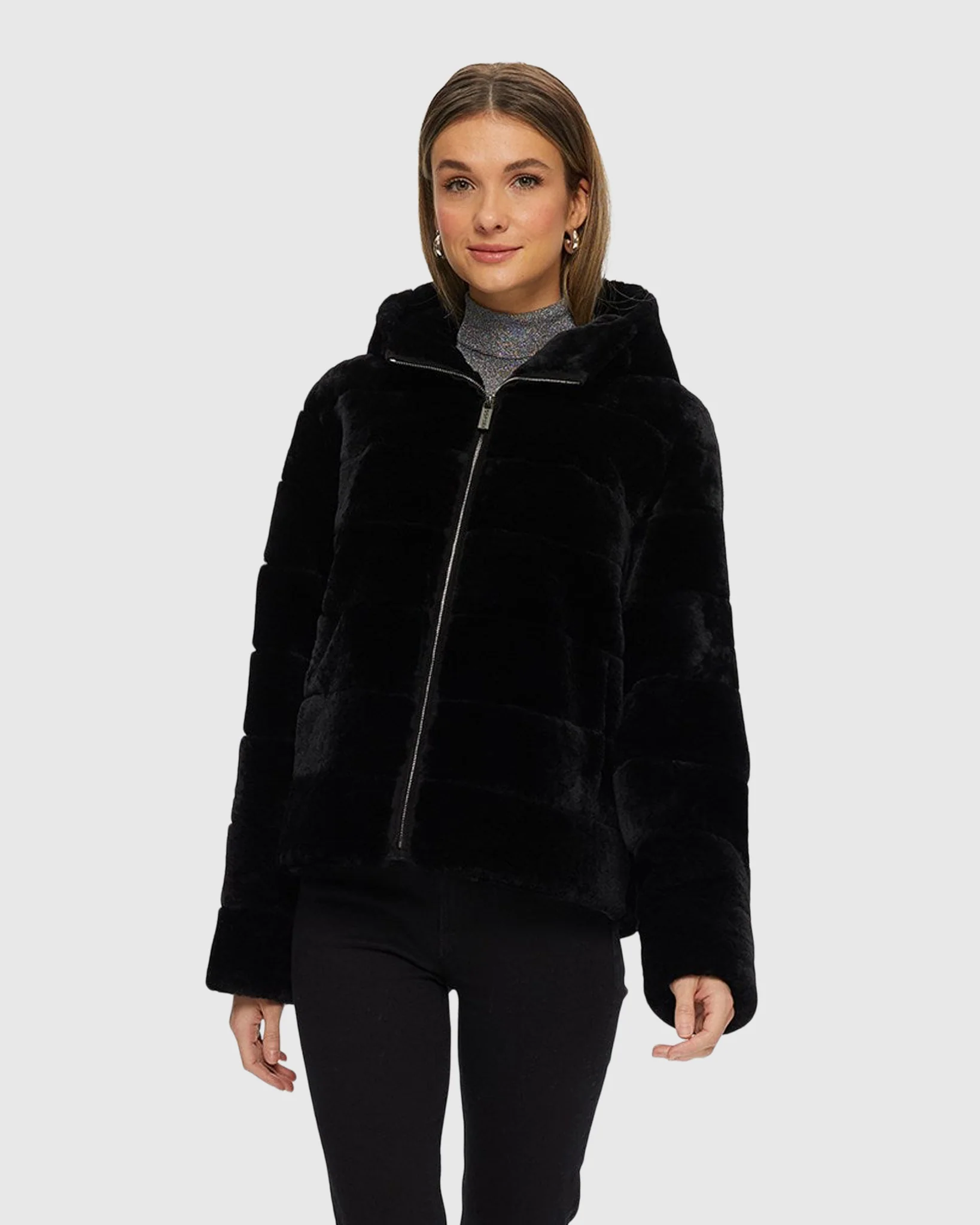 HORIZONTAL SHEARLING LAMB ZIP JACKET WITH HOOD - Image 7