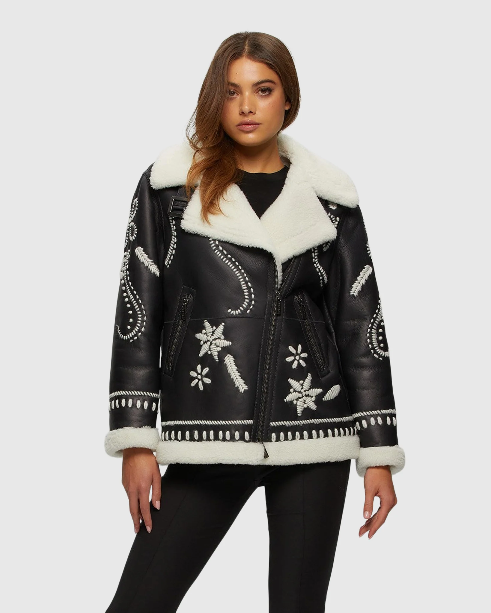SHEARLING LAMB ZIP JACKET WITH WOOL EMBROIDERY