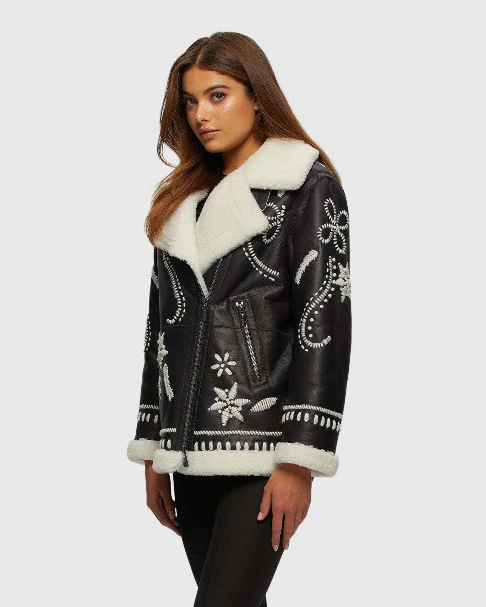 SHEARLING LAMB ZIP JACKET WITH WOOL EMBROIDERY - Image 3