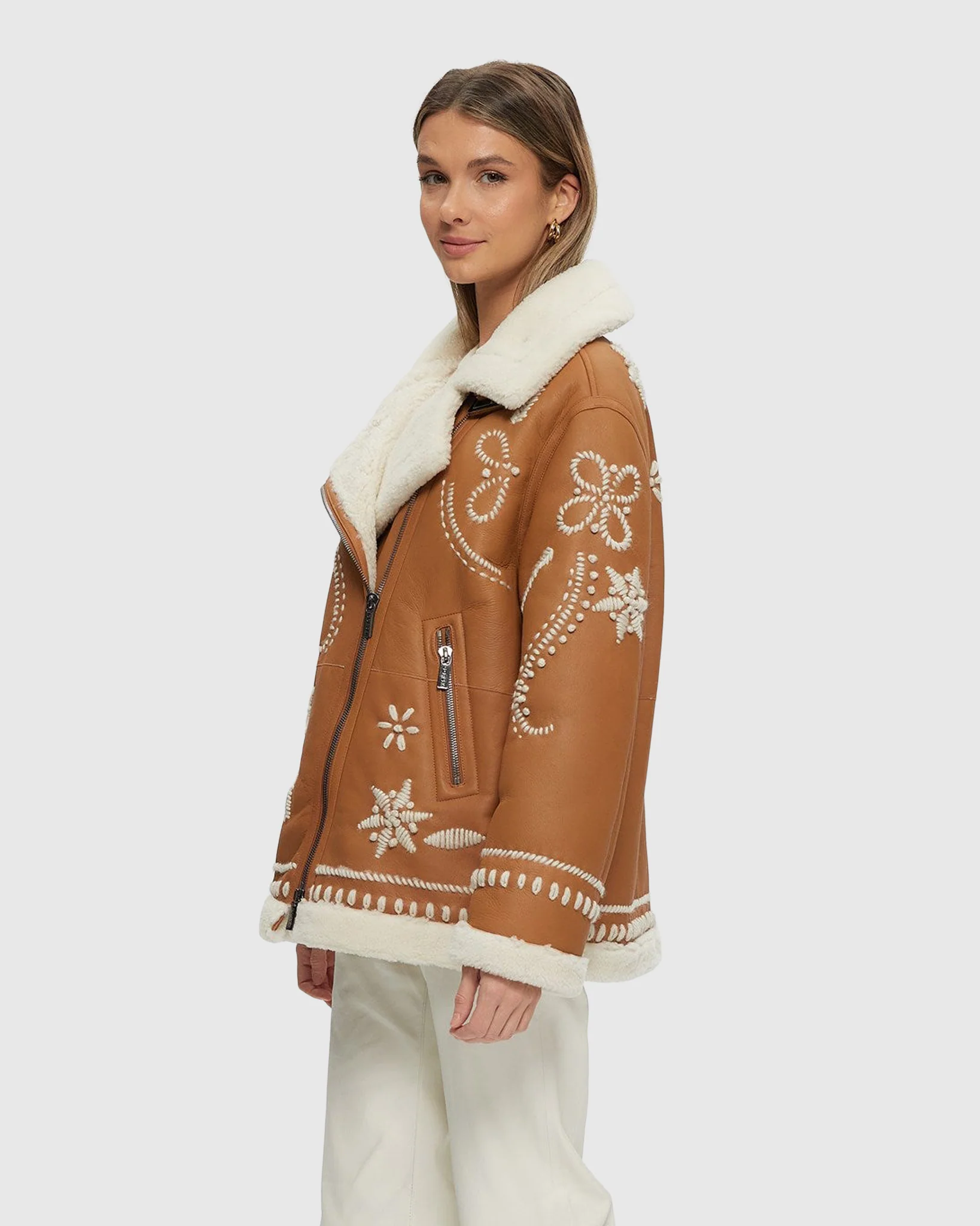 SHEARLING LAMB ZIP JACKET WITH WOOL EMBROIDERY - Image 6