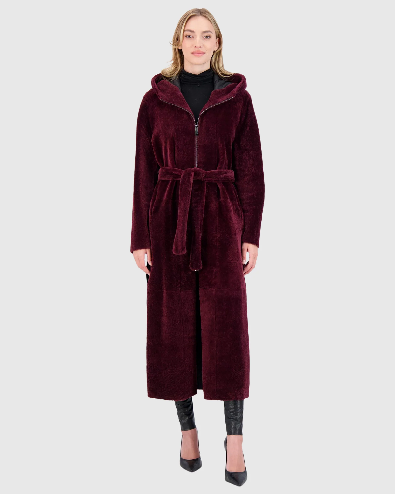Select Shearling Lamb Zip Coat With Belt, Hood