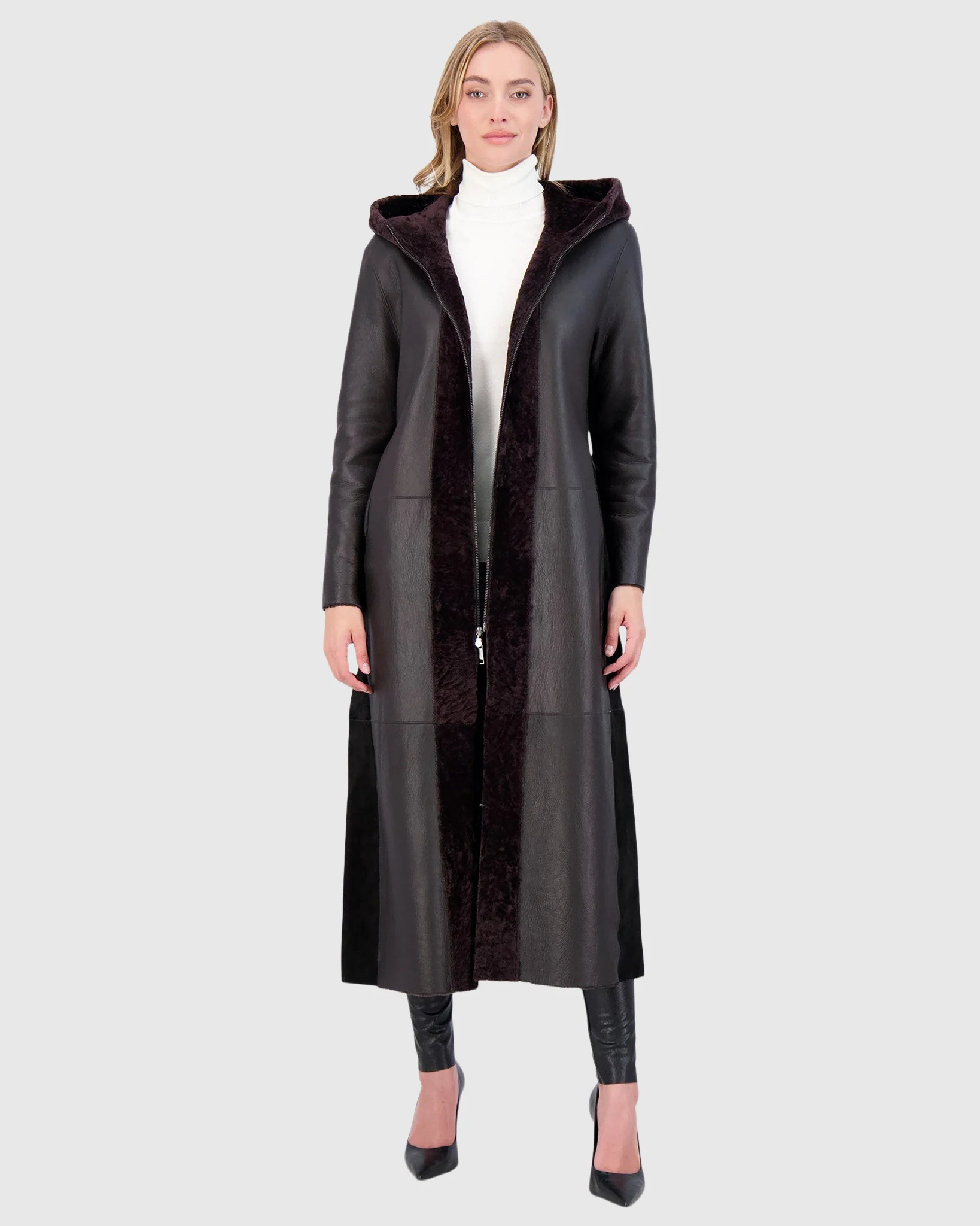 Select Shearling Lamb Zip Coat With Belt, Hood - Image 10