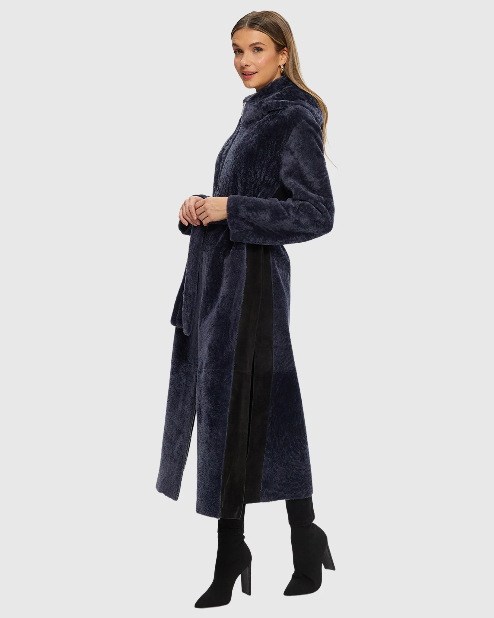 Select Shearling Lamb Zip Coat With Belt, Hood - Image 13