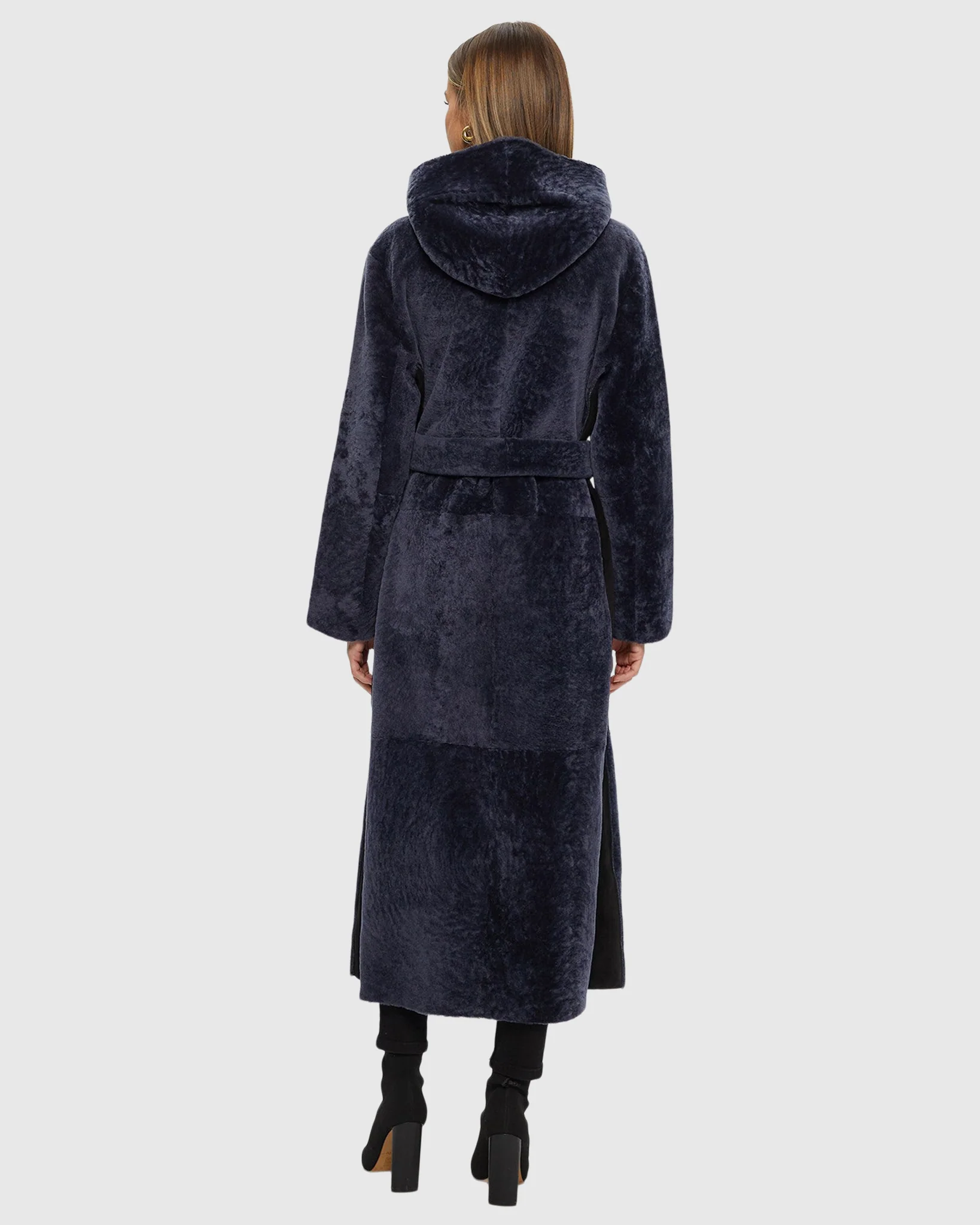 Select Shearling Lamb Zip Coat With Belt, Hood - Image 14