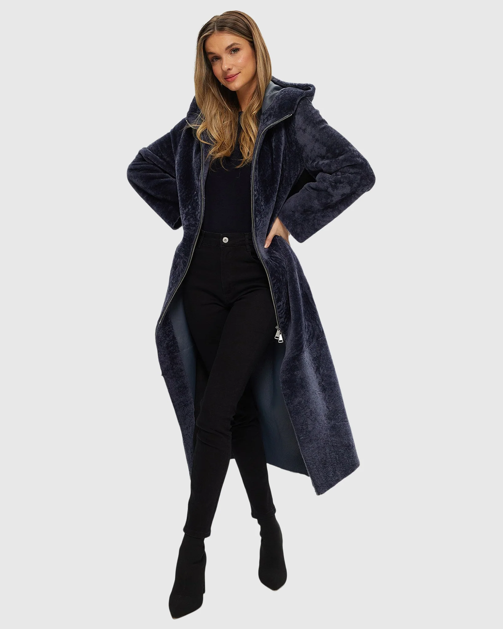 Select Shearling Lamb Zip Coat With Belt, Hood - Image 15