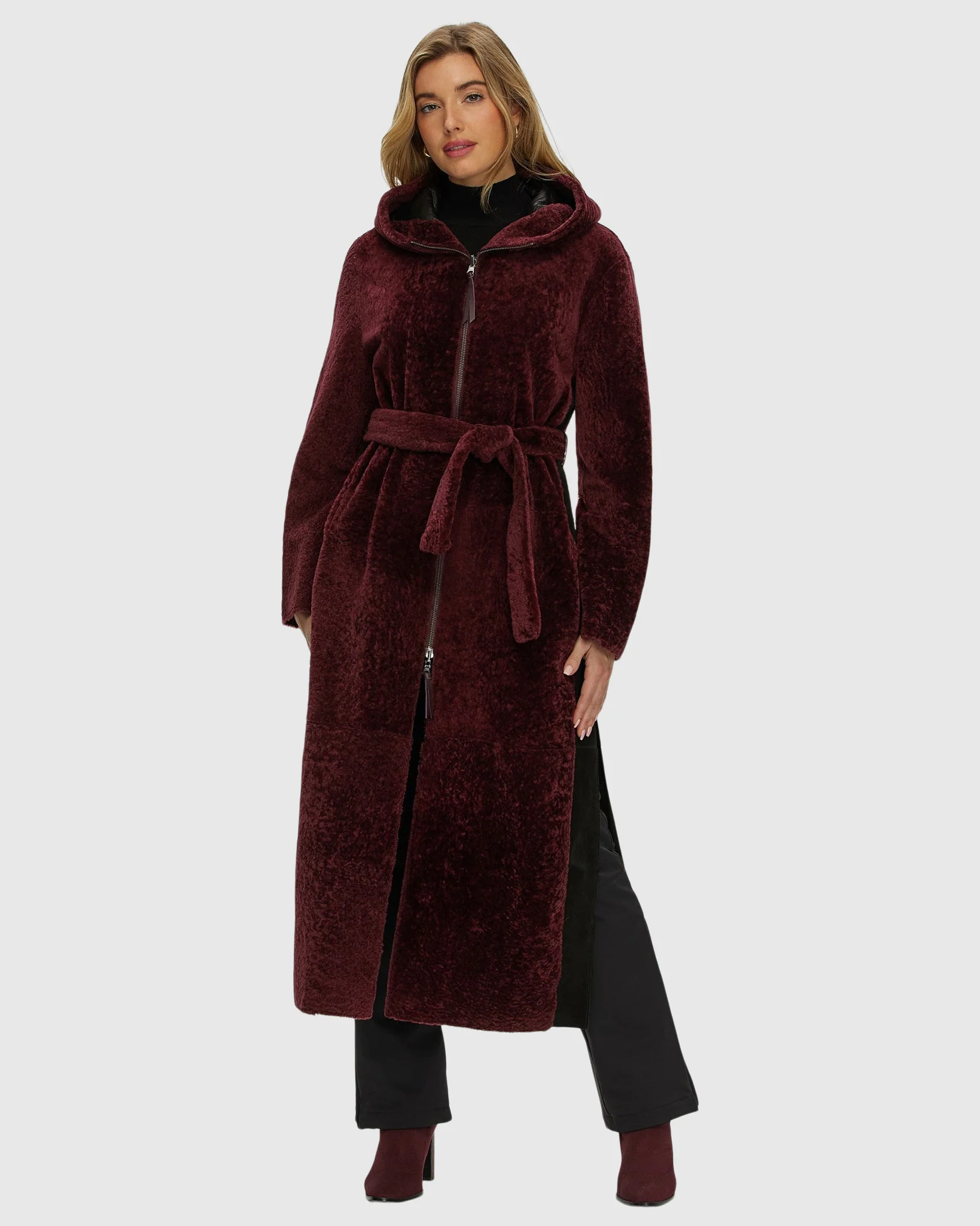 Select Shearling Lamb Zip Coat With Belt, Hood - Image 16
