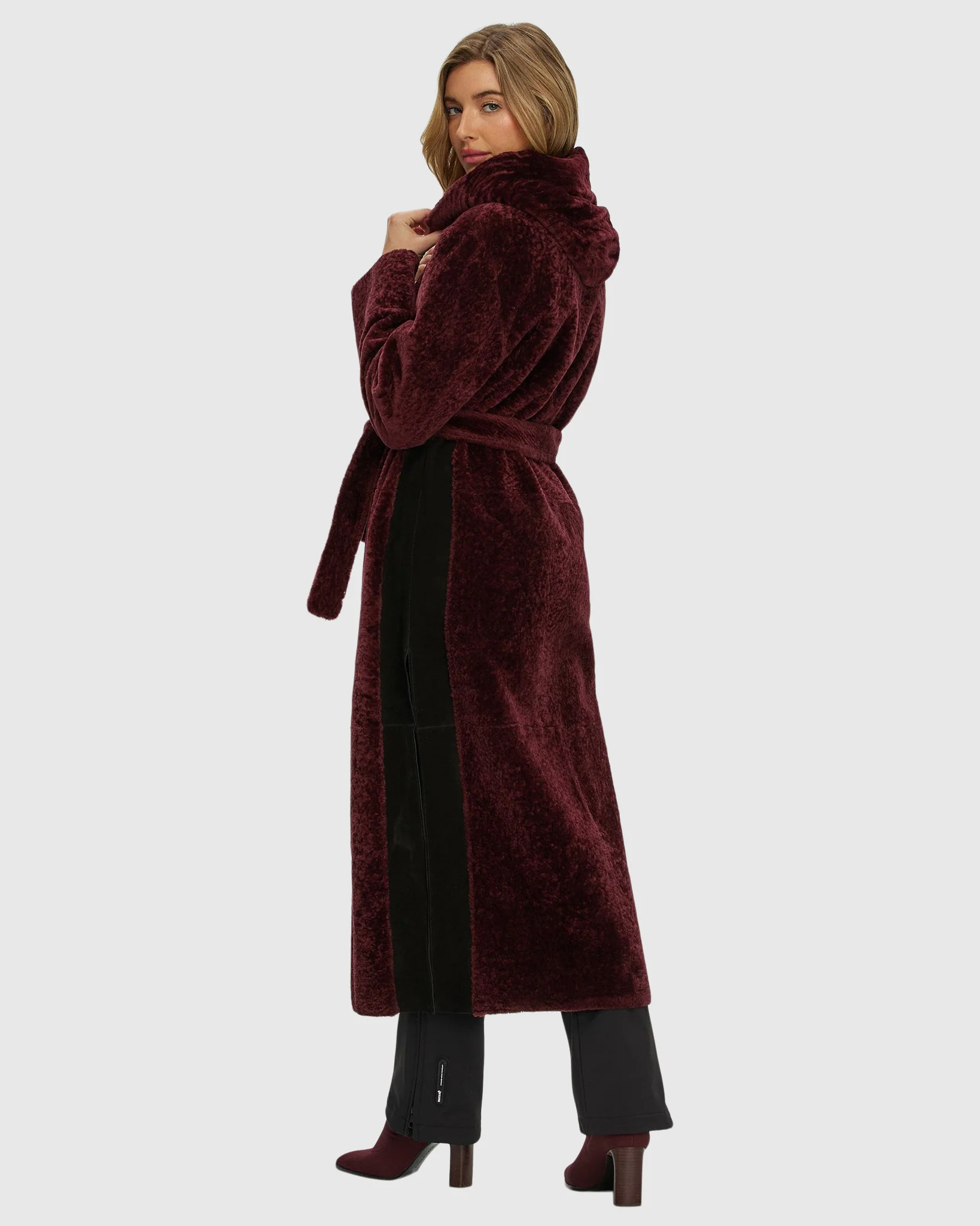 Select Shearling Lamb Zip Coat With Belt, Hood - Image 18