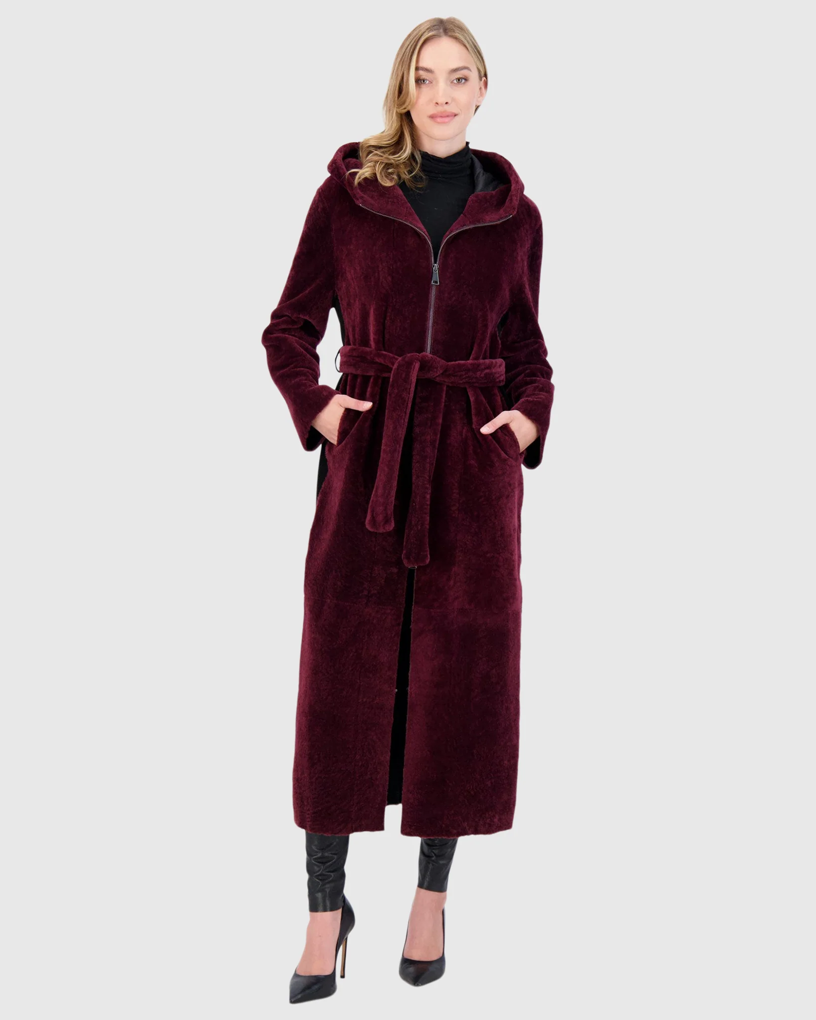 Select Shearling Lamb Zip Coat With Belt, Hood - Image 2