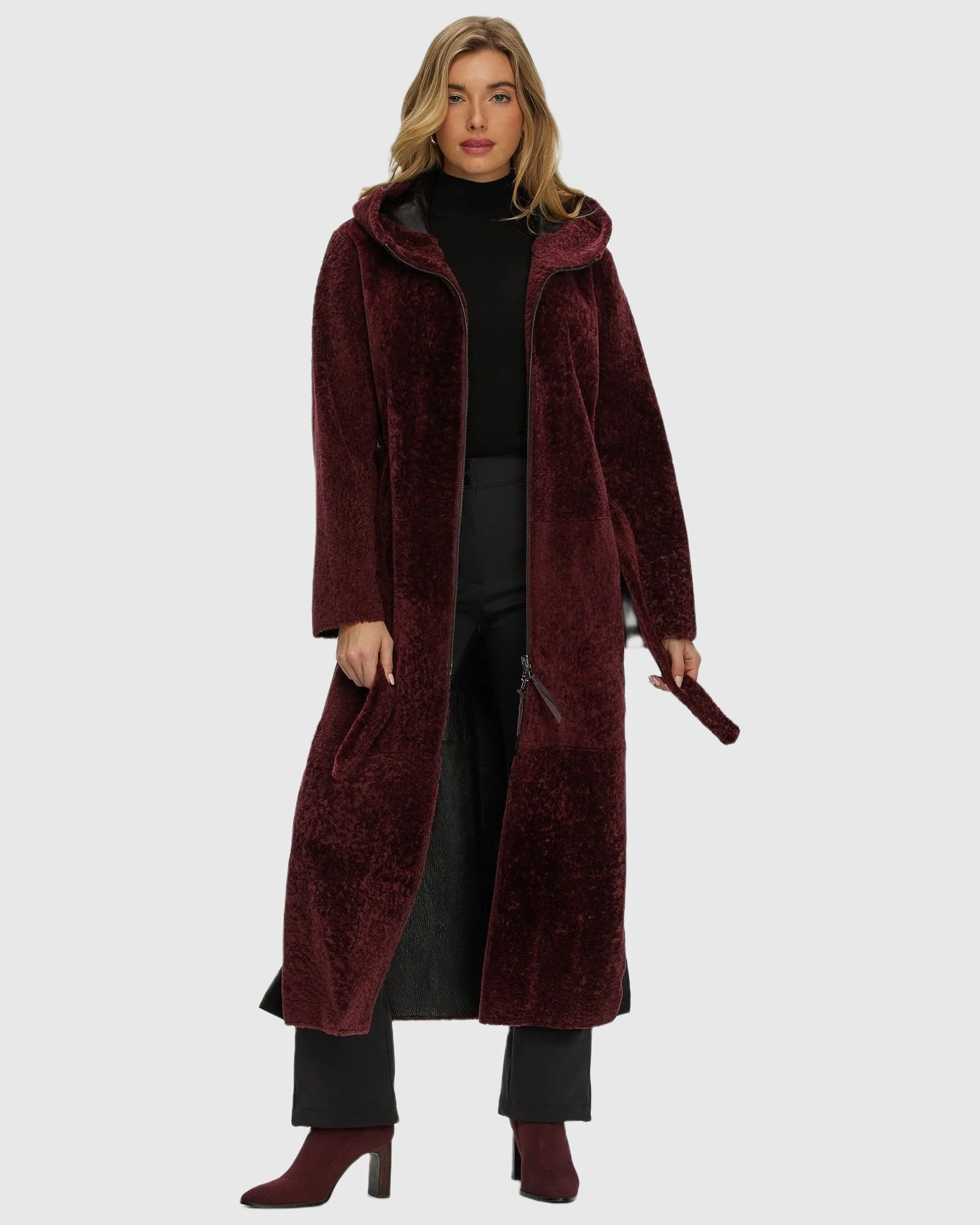 Select Shearling Lamb Zip Coat With Belt, Hood - Image 20