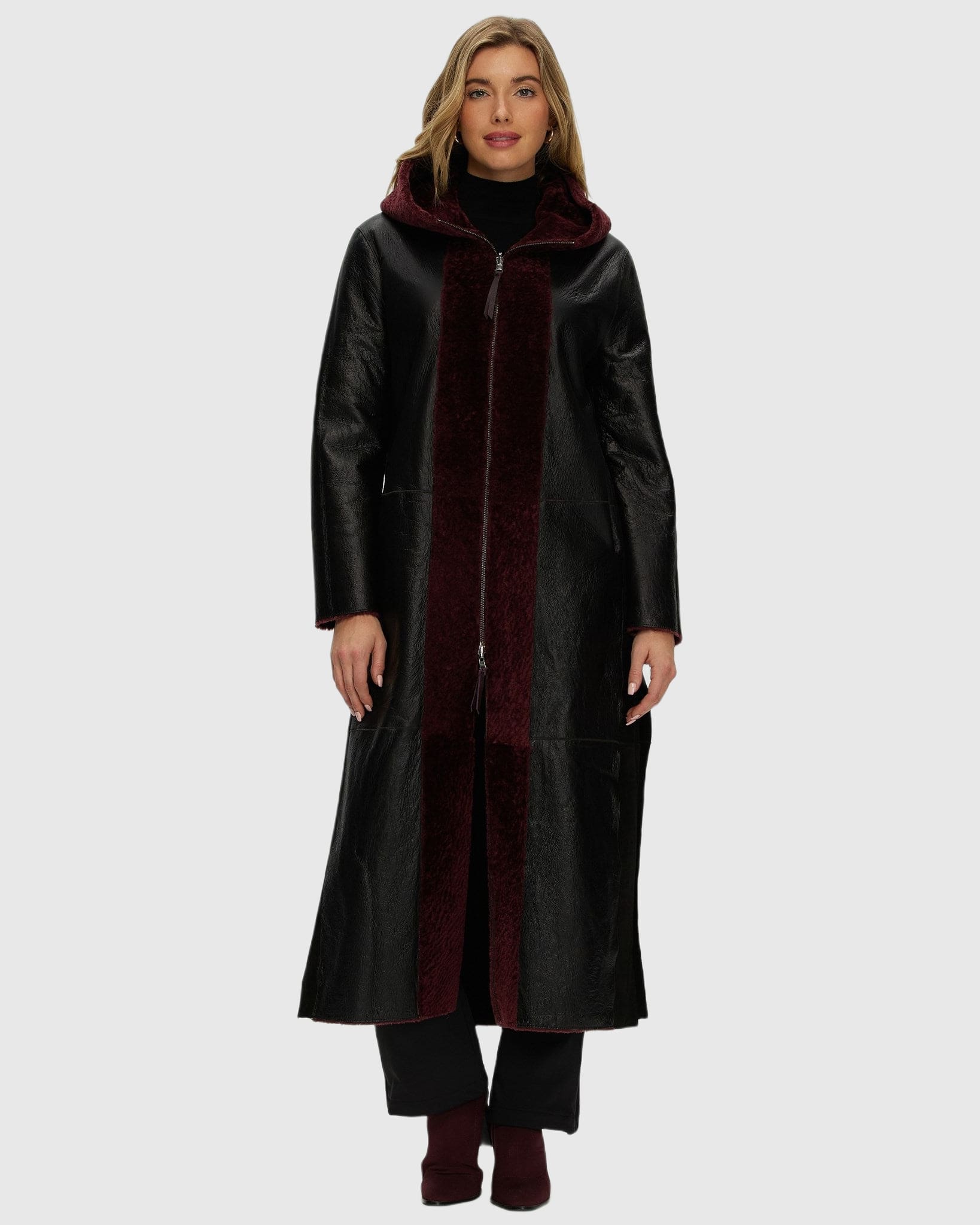 Select Shearling Lamb Zip Coat With Belt, Hood - Image 21
