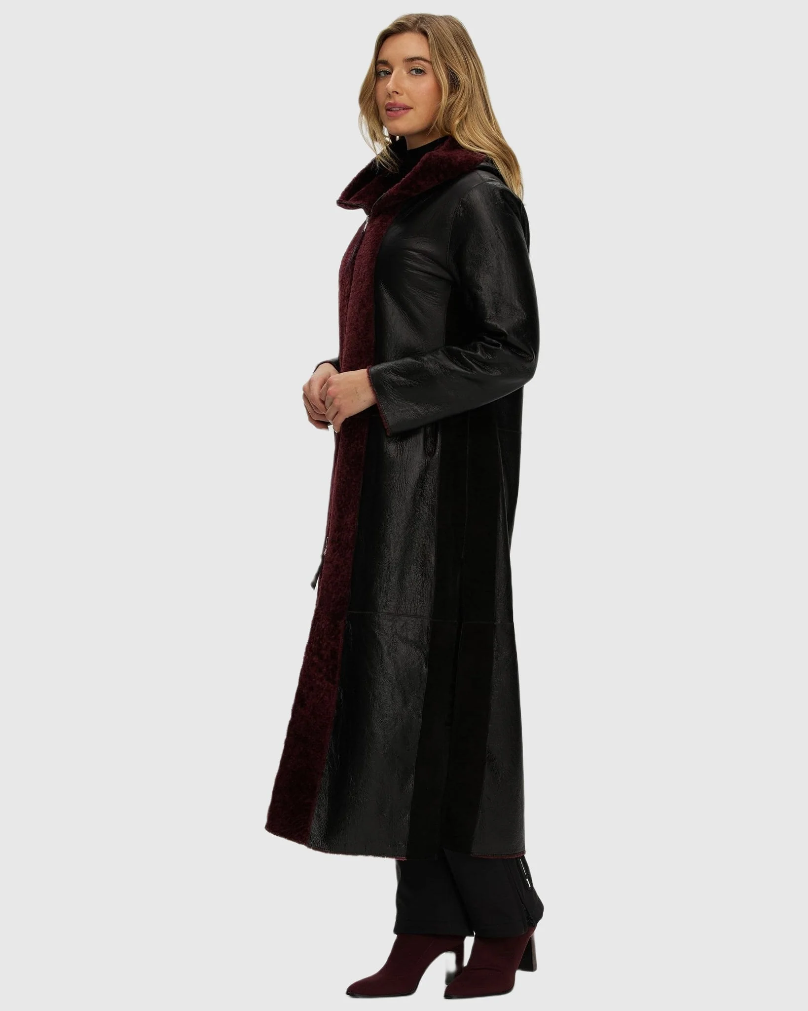 Select Shearling Lamb Zip Coat With Belt, Hood - Image 24