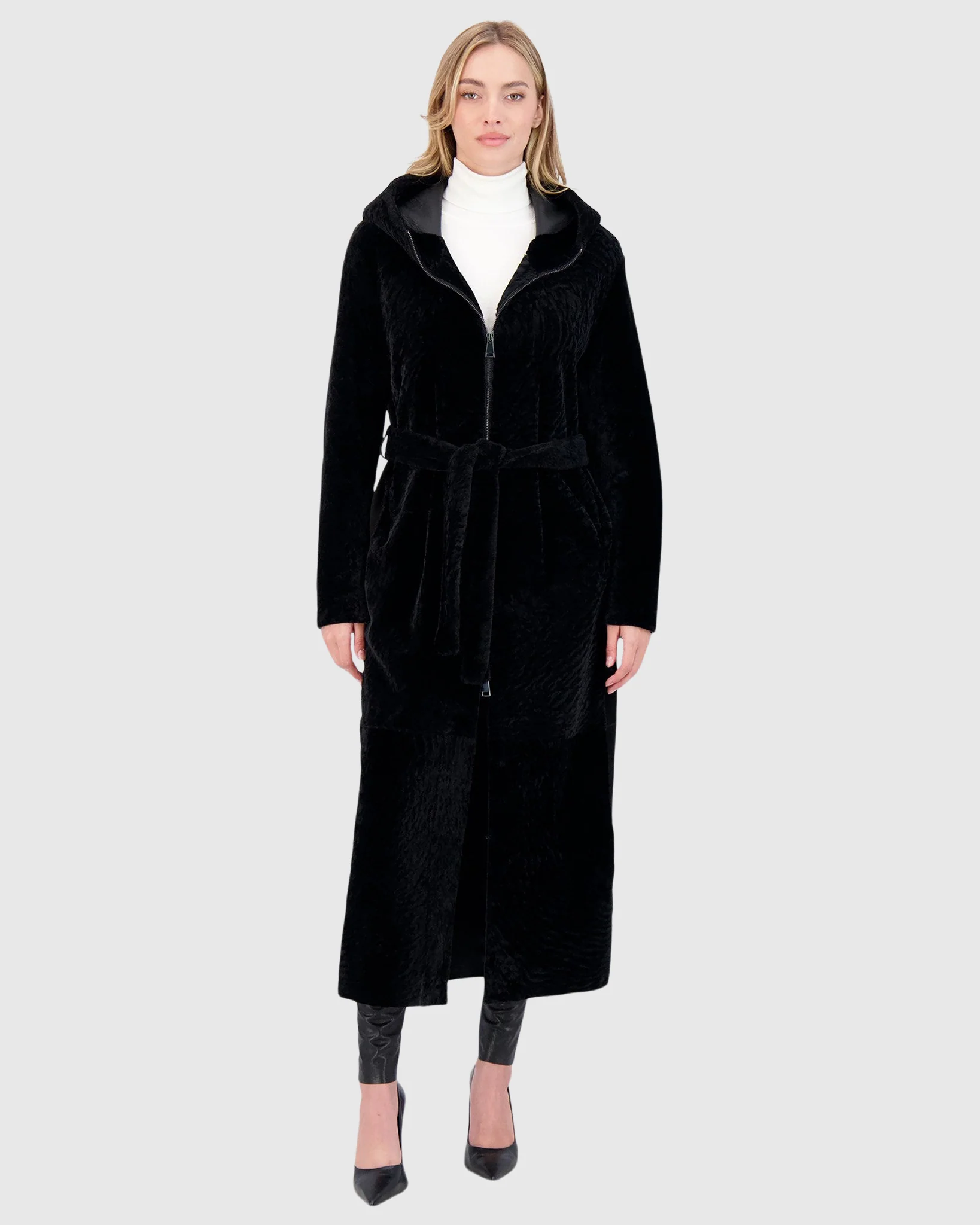 Select Shearling Lamb Zip Coat With Belt, Hood - Image 4