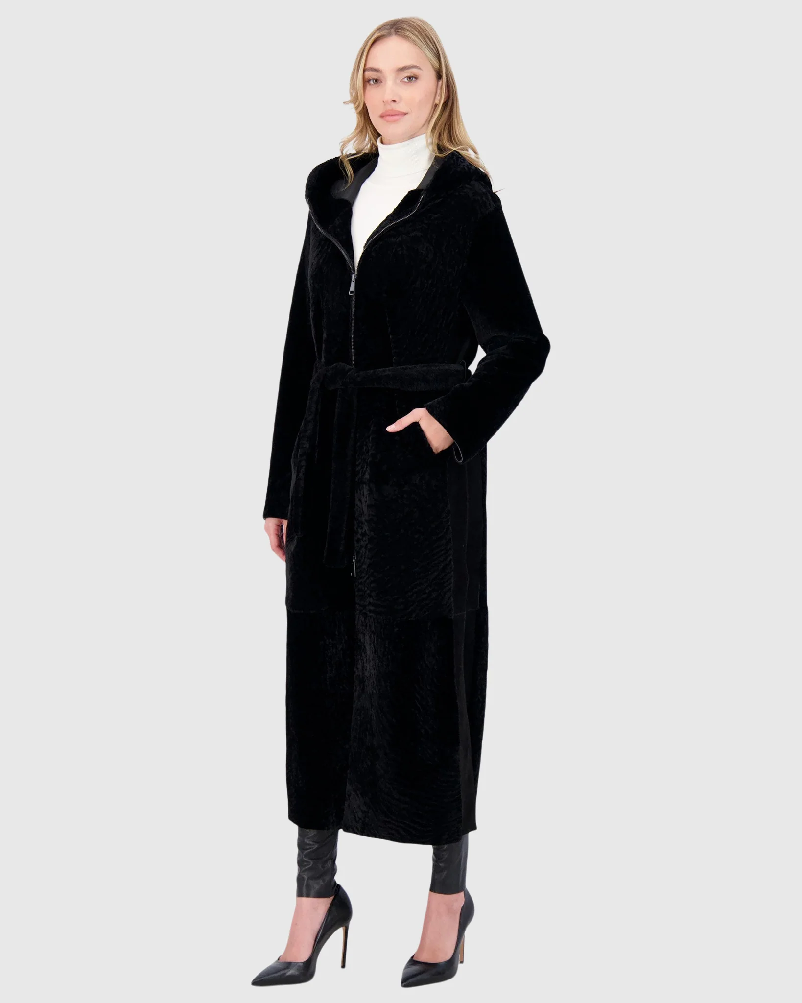 Select Shearling Lamb Zip Coat With Belt, Hood - Image 5