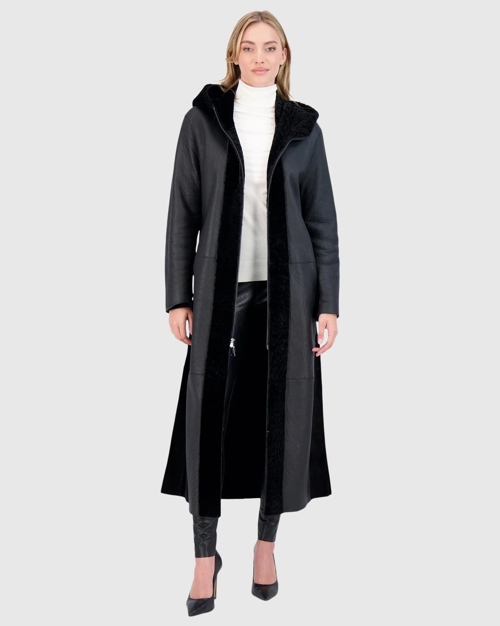 Select Shearling Lamb Zip Coat With Belt, Hood - Image 7