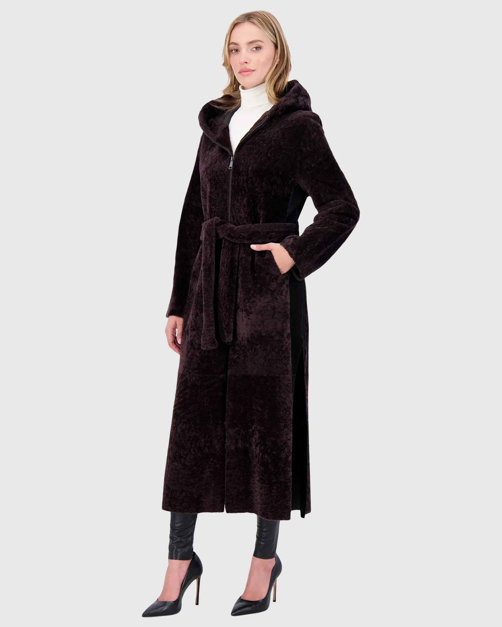 Select Shearling Lamb Zip Coat With Belt, Hood - Image 9