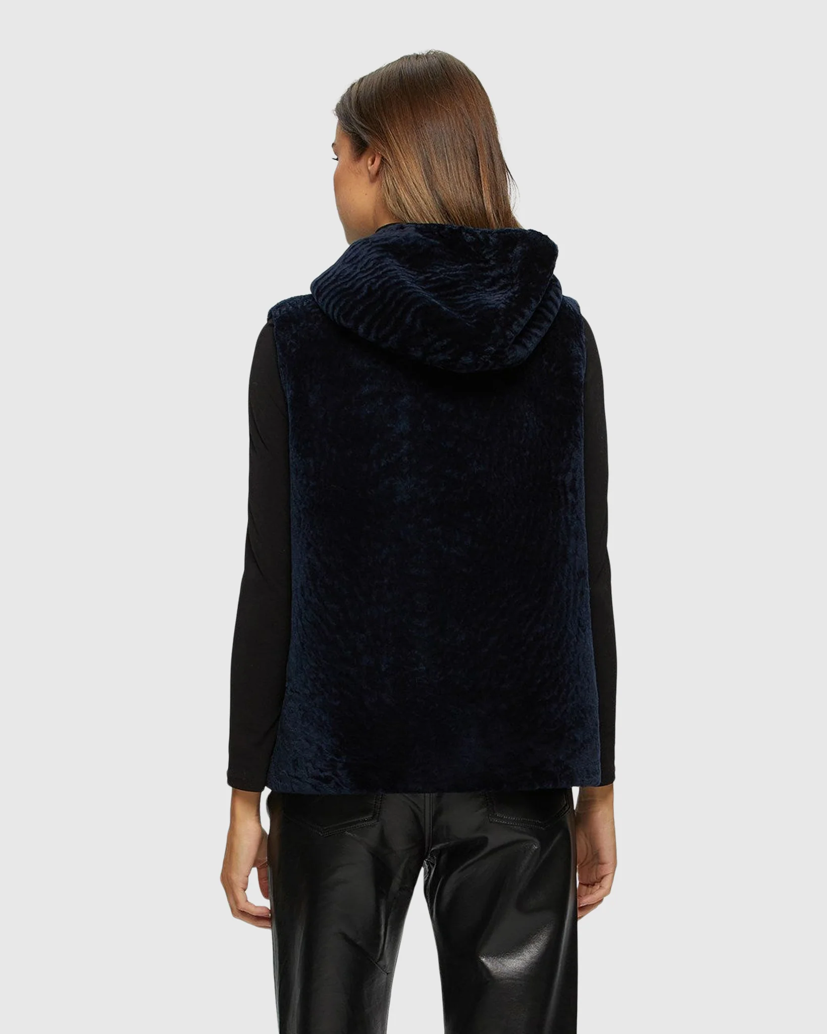 SHEARLING LAMB ZIP VEST HOODED REVERSIBLE TO TAFFETA - Image 11
