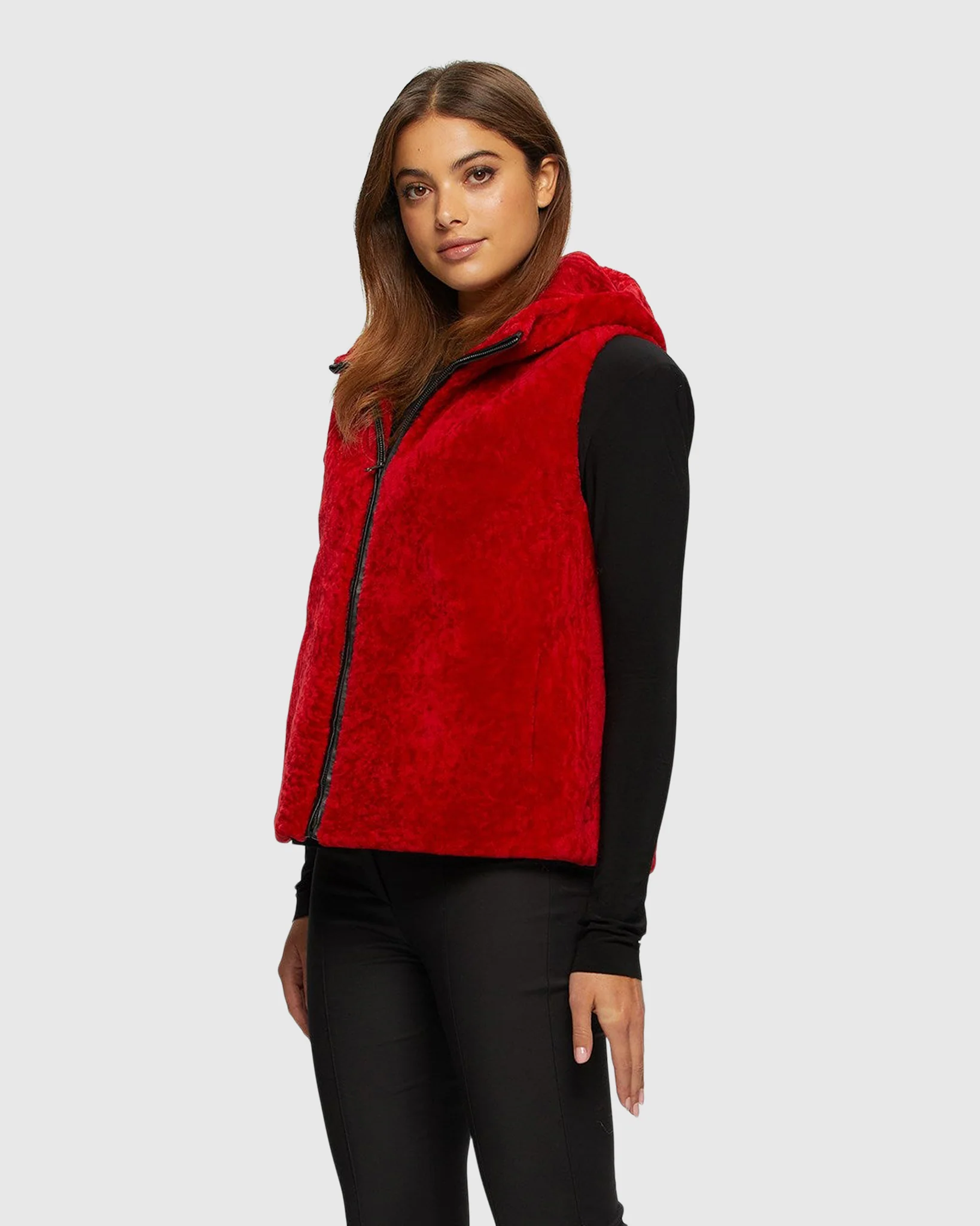 SHEARLING LAMB ZIP VEST HOODED REVERSIBLE TO TAFFETA - Image 13