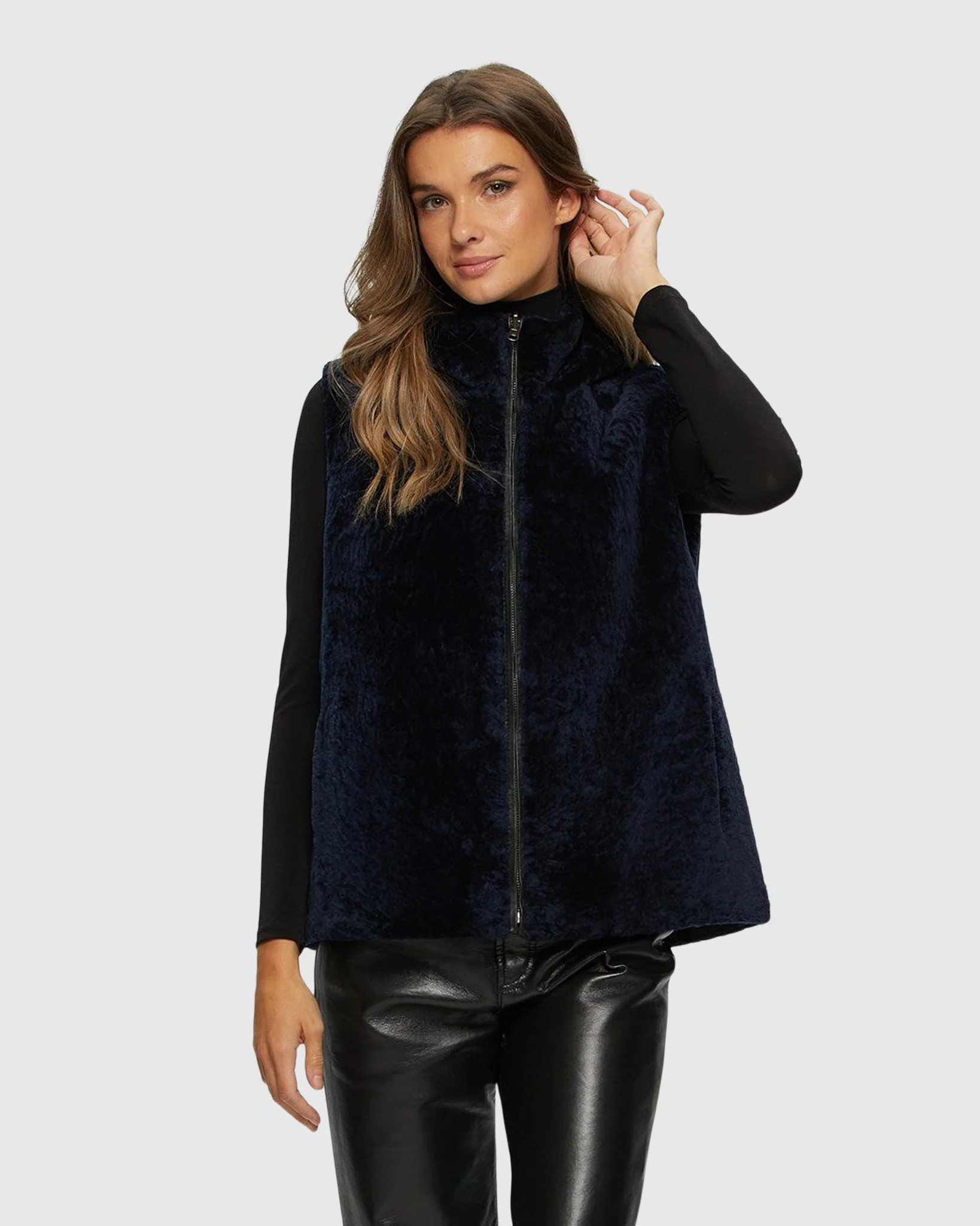 SHEARLING LAMB ZIP VEST HOODED REVERSIBLE TO TAFFETA - Image 9