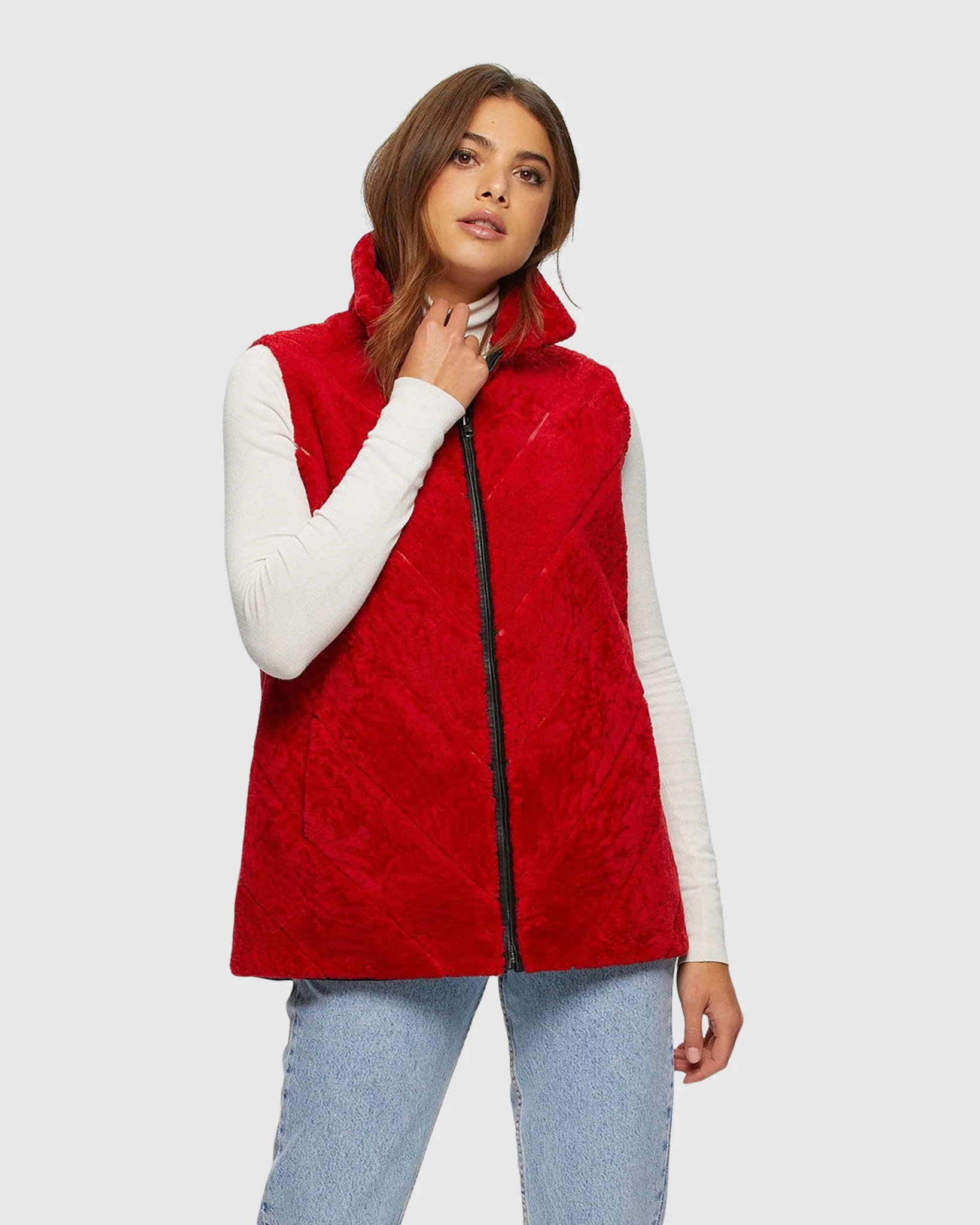 SHEARLING LAMB ZIP VEST REVERSIBLE TO TAFFETA - Image 14