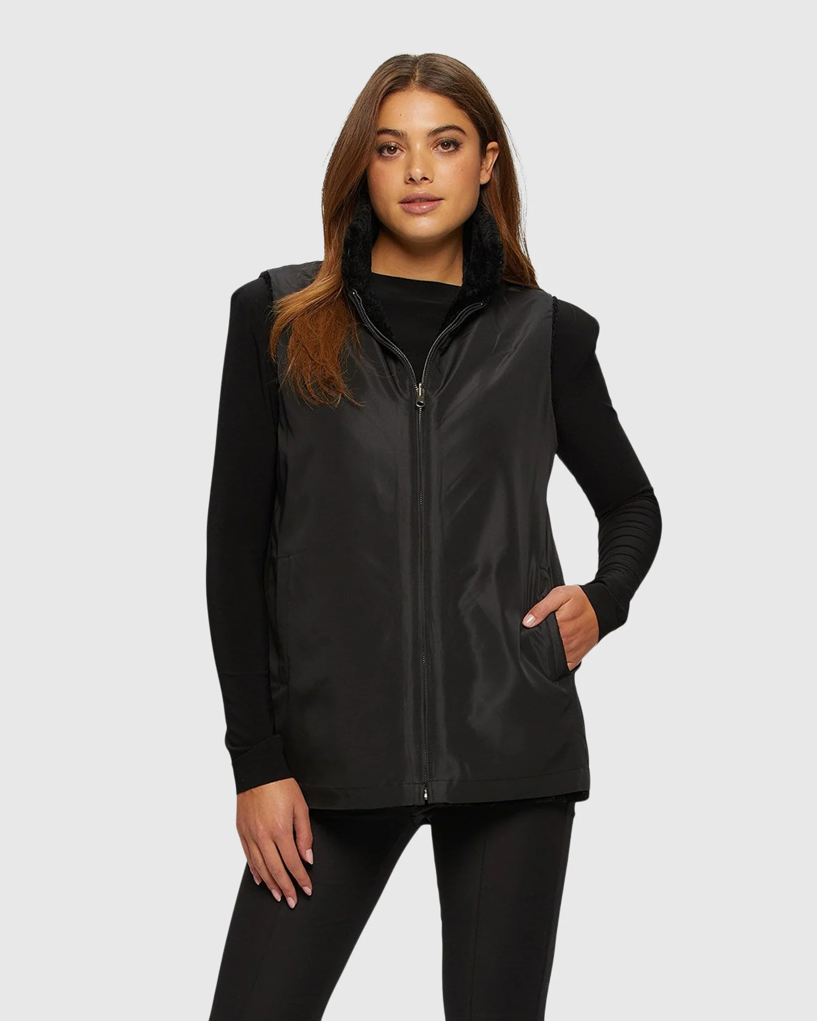 SHEARLING LAMB ZIP VEST REVERSIBLE TO TAFFETA - Image 3