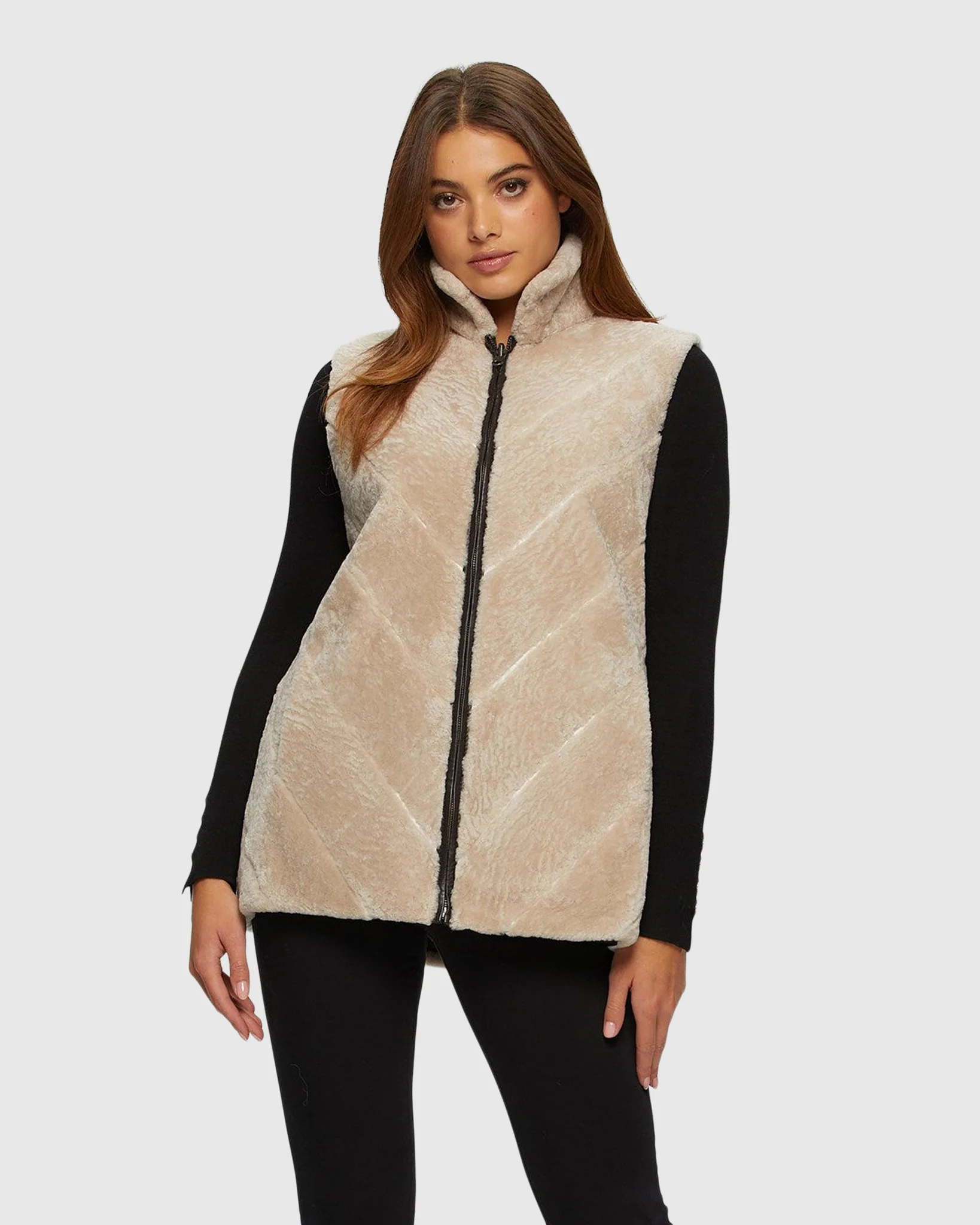 SHEARLING LAMB ZIP VEST REVERSIBLE TO TAFFETA - Image 5
