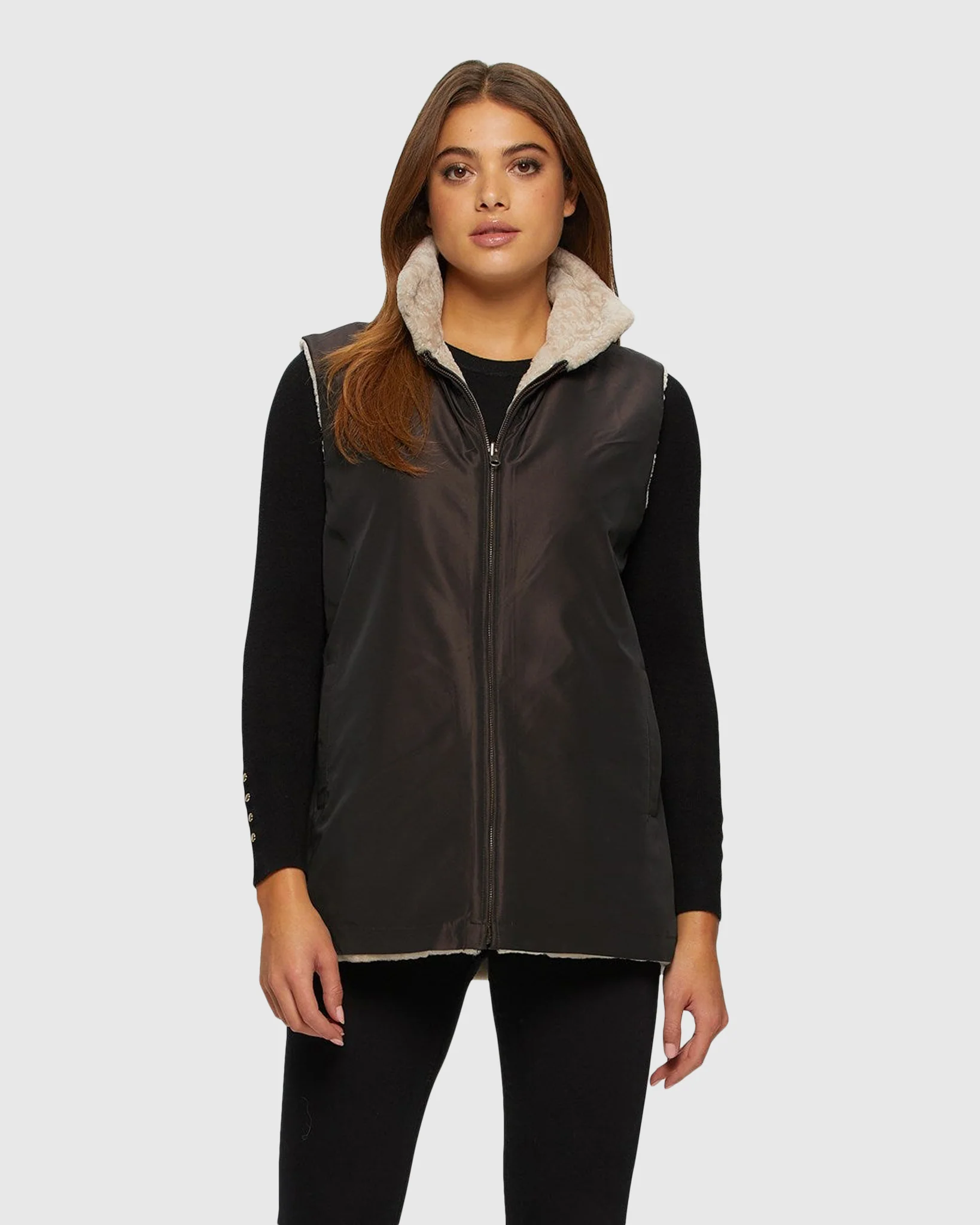 SHEARLING LAMB ZIP VEST REVERSIBLE TO TAFFETA - Image 7