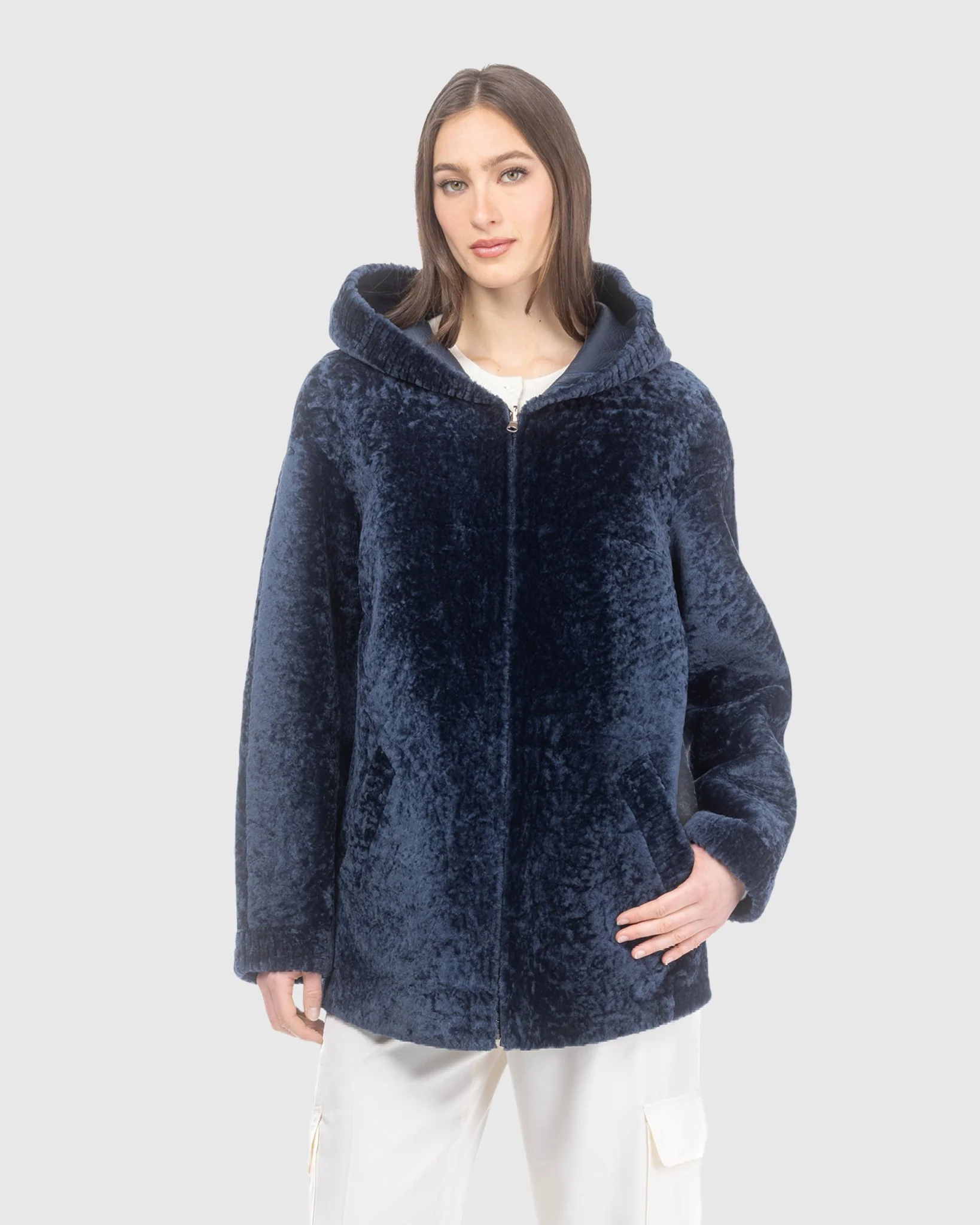 Textured Reversible Shearling Lamb Zip Jacket, Hood