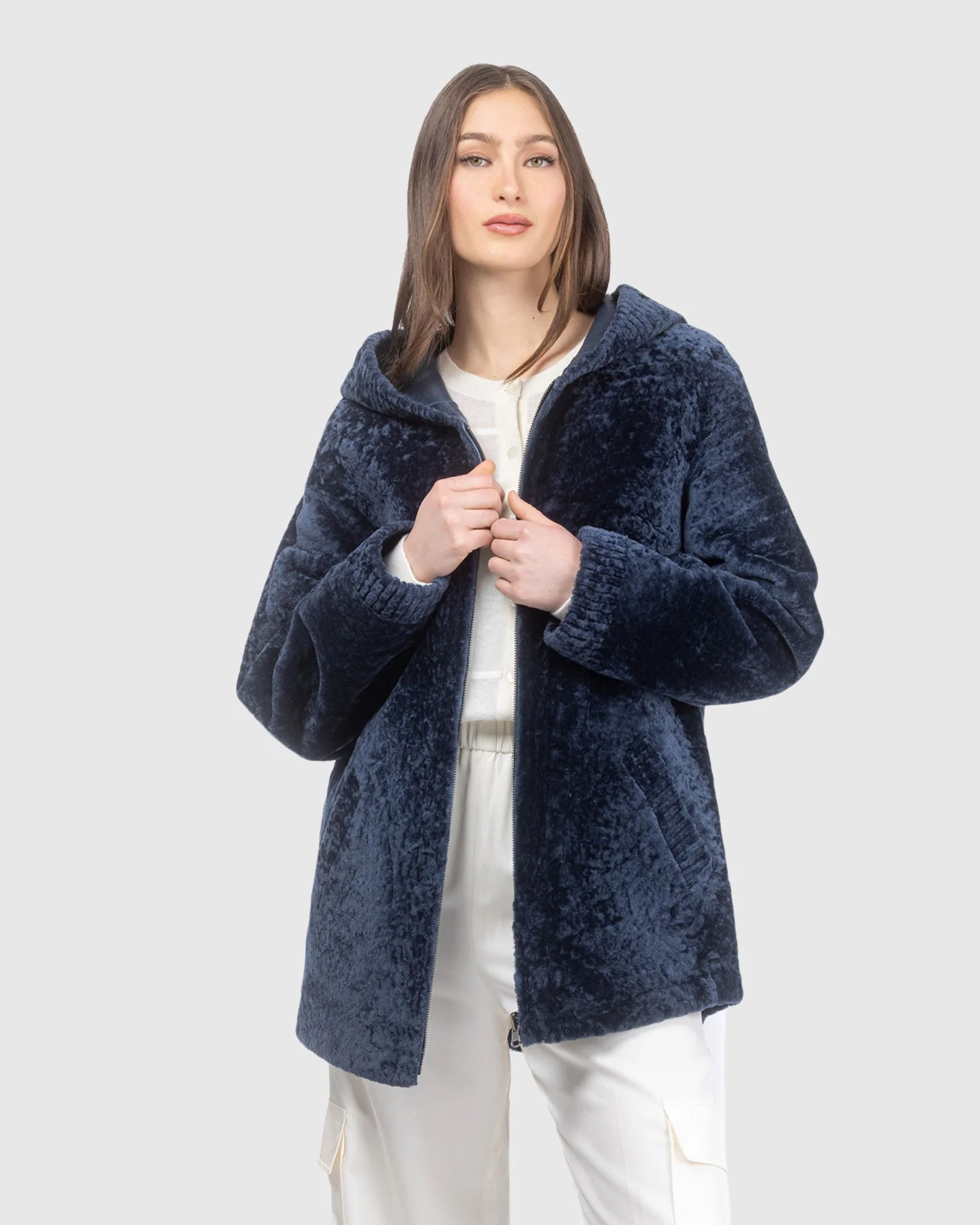 Textured Reversible Shearling Lamb Zip Jacket, Hood - Image 2