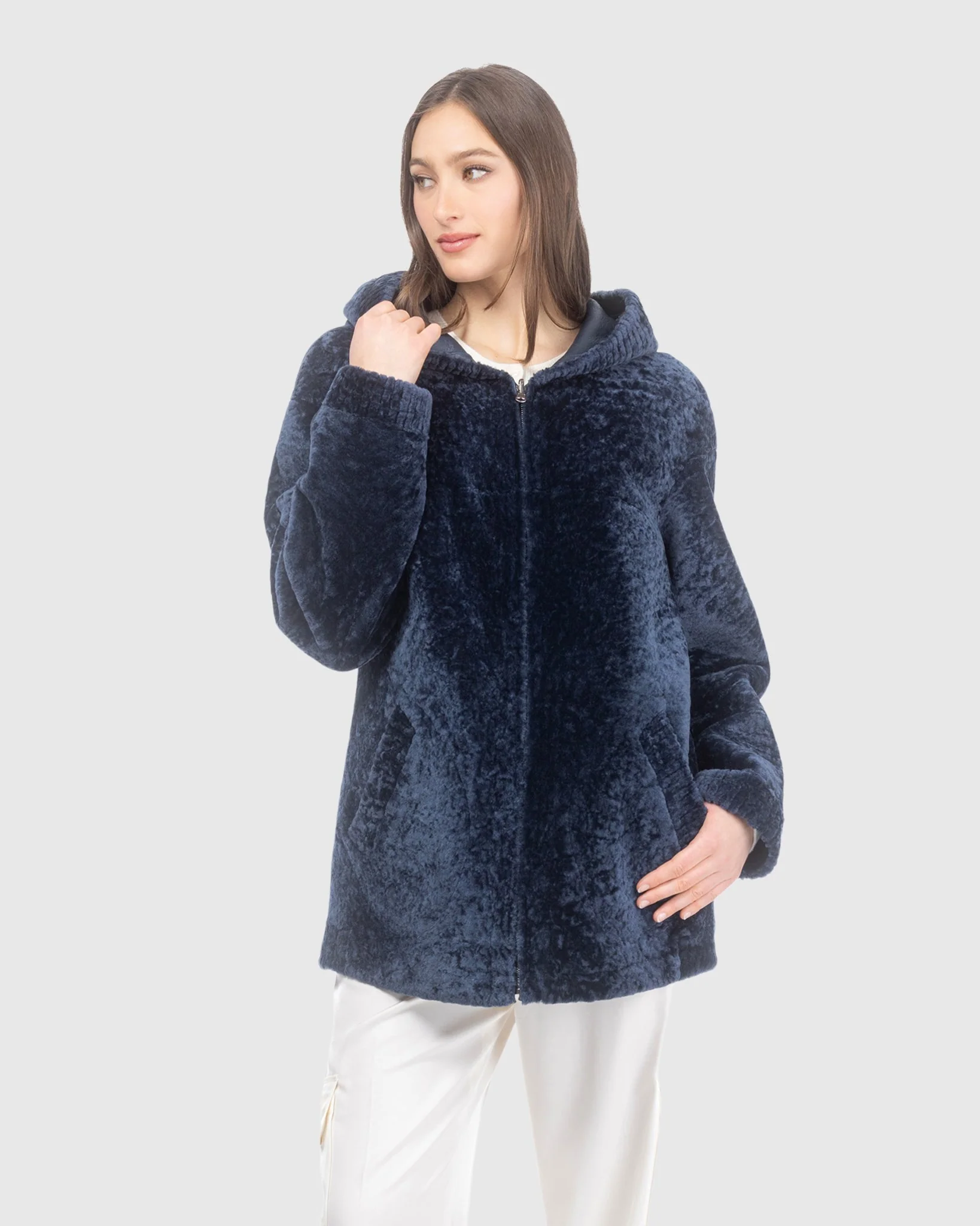 Textured Reversible Shearling Lamb Zip Jacket, Hood - Image 3